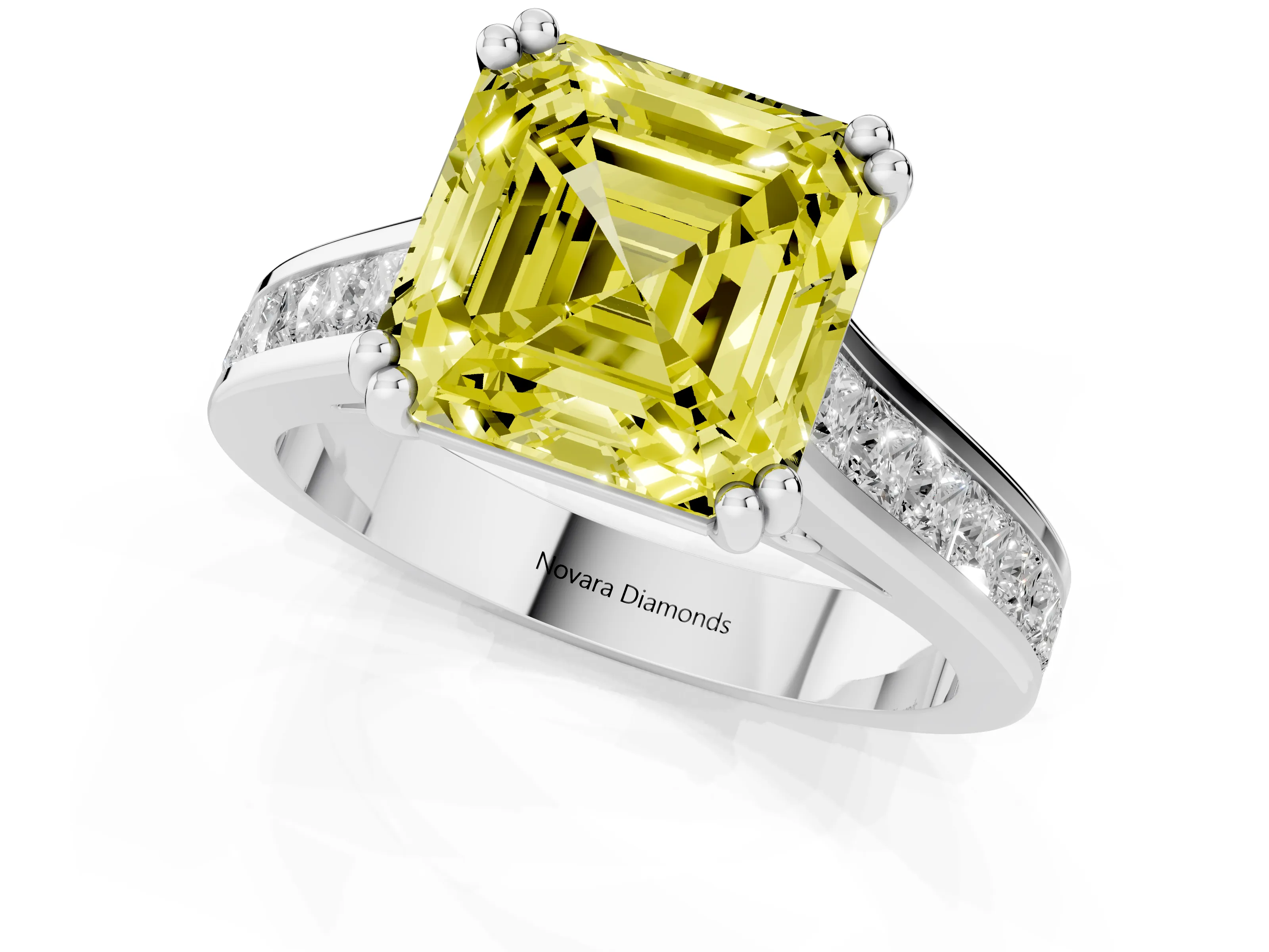 Fancy Yellow Asscher Cut Diamond Channel Set Solitaire Engagement Ring Set in Platinum with Prong Setting