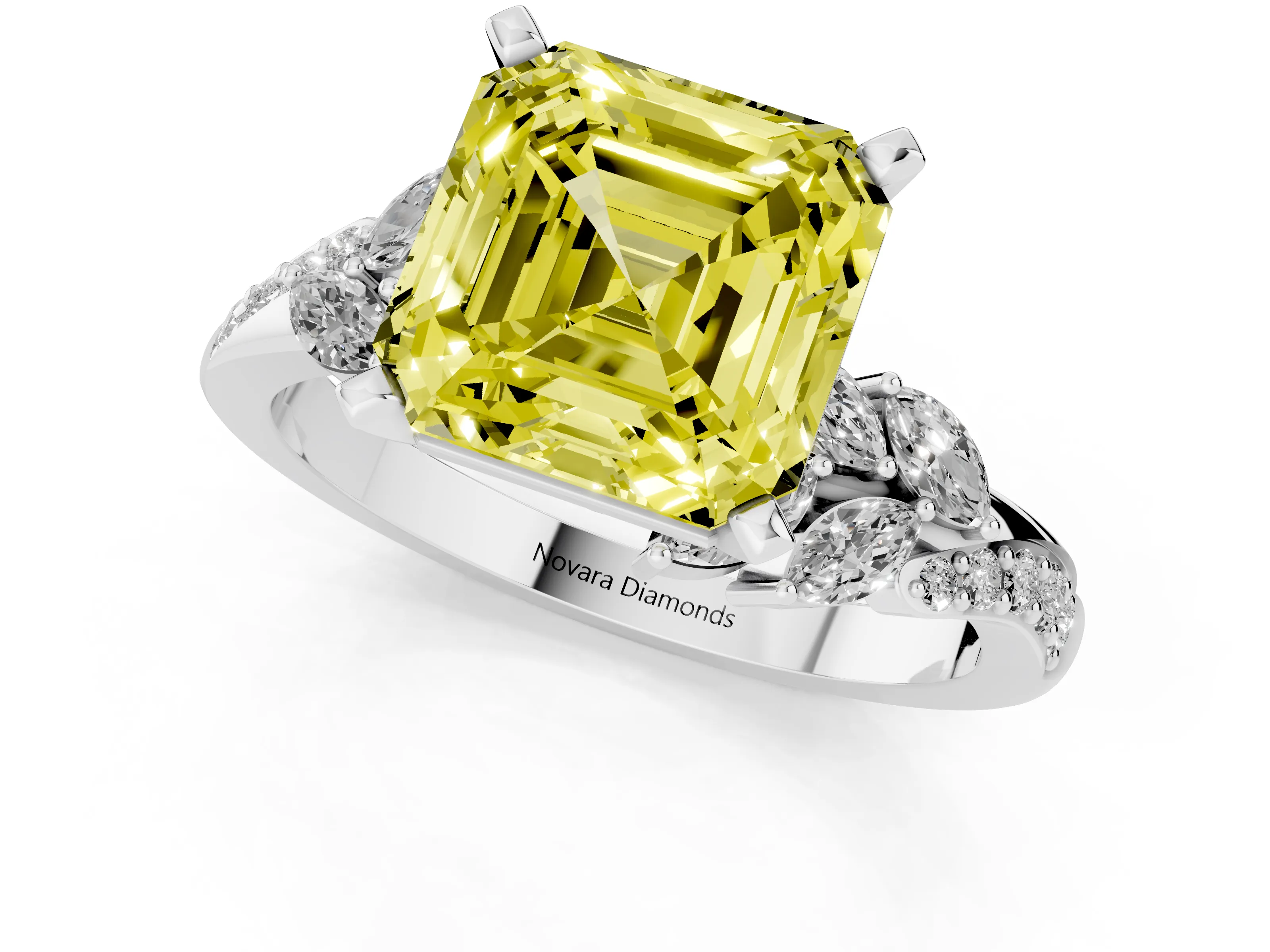 Fancy Yellow Asscher Cut Diamond Solitaire Ring Set in Platinum with Marquise Twist Band and Prong Setting