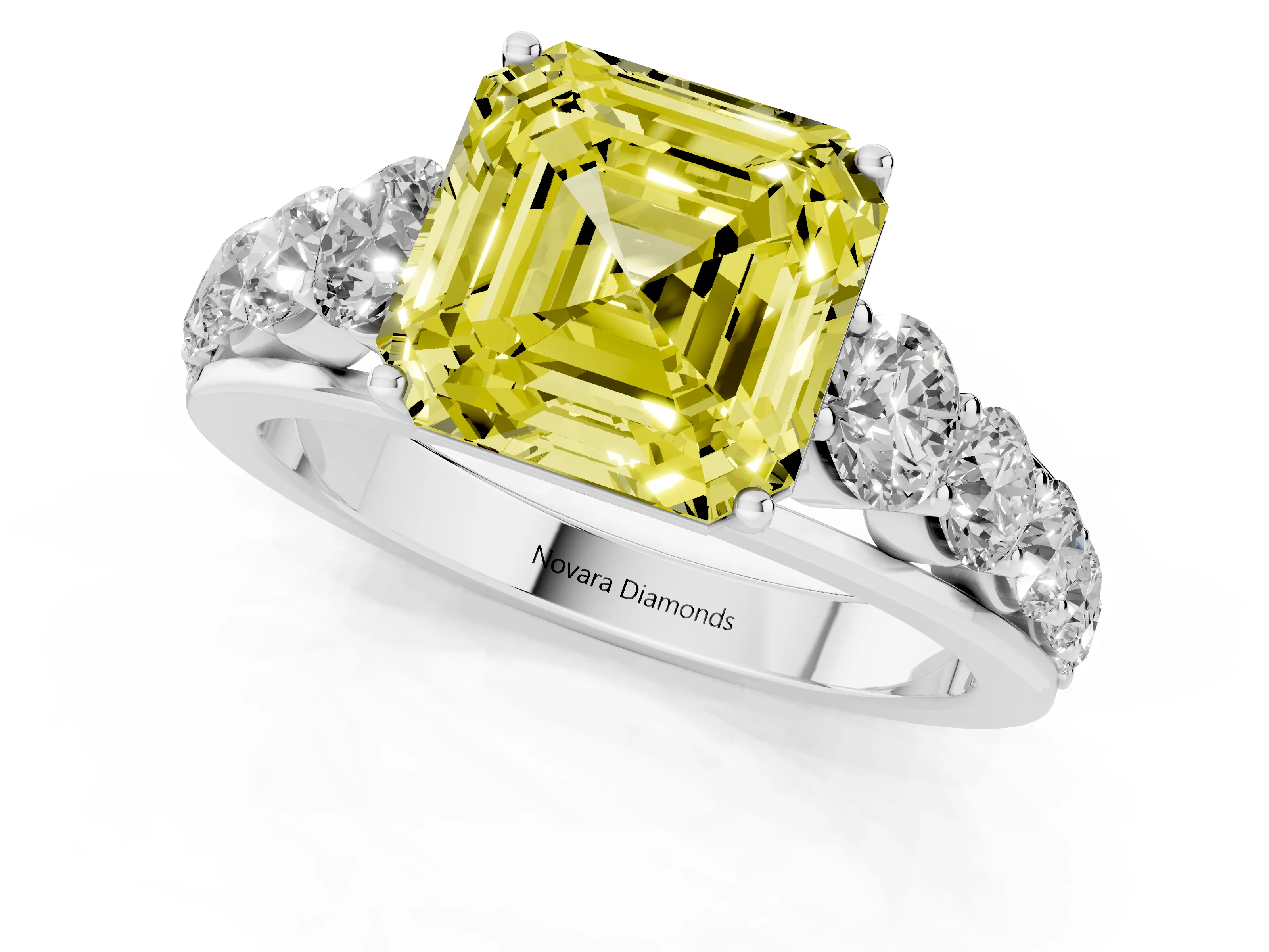 Fancy Yellow Asscher Cut Diamond Solitaire Ring Set in Platinum with Pavé-Set Band and Prong Setting