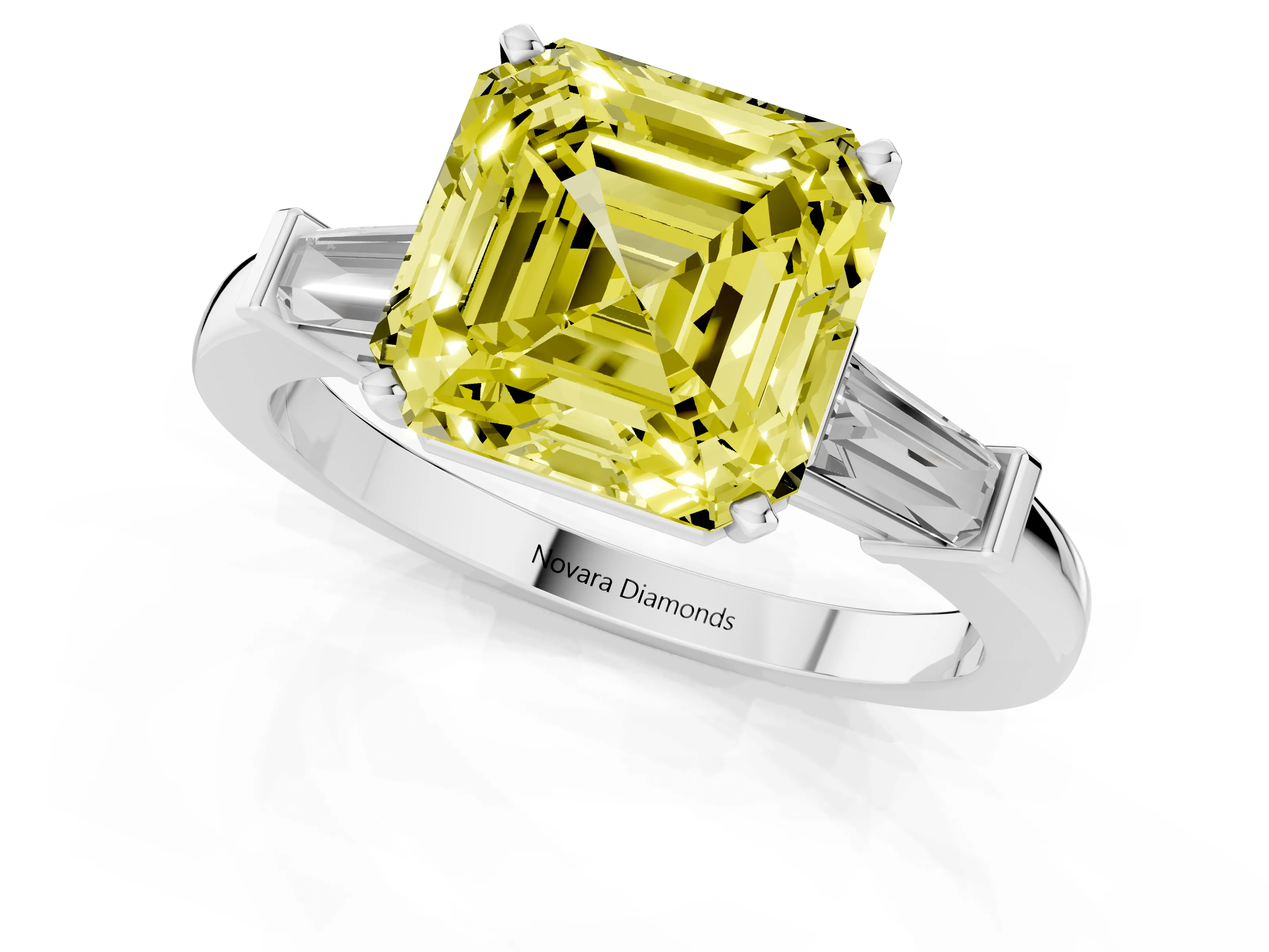Fancy Yellow Asscher Cut Diamond Solitaire Ring Set in White gold with Tapered Baguette Accents and Prong Setting