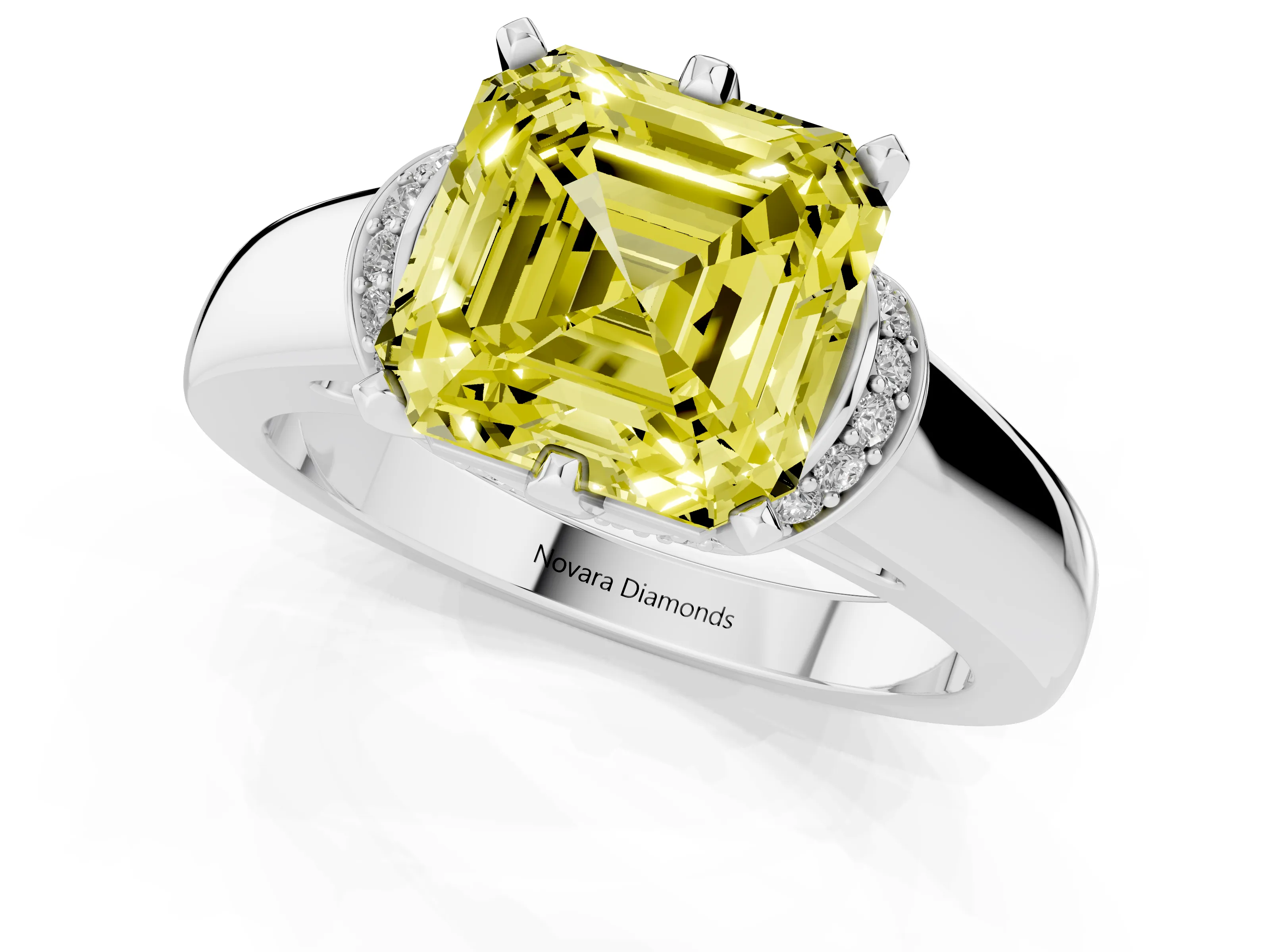Fancy Yellow Asscher Cut Diamond Pavé Band Solitaire Ring Set in Silver with Prong Setting