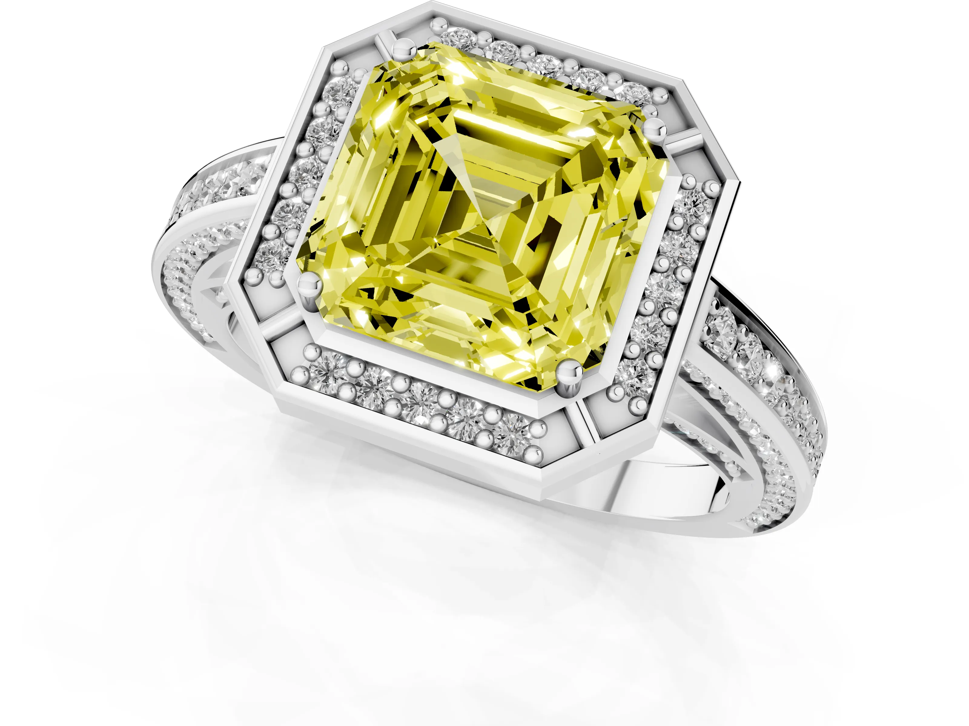 Fancy Yellow Asscher Cut Diamond Halo Pavé Split Shank Ring Set in White gold with Prong Setting