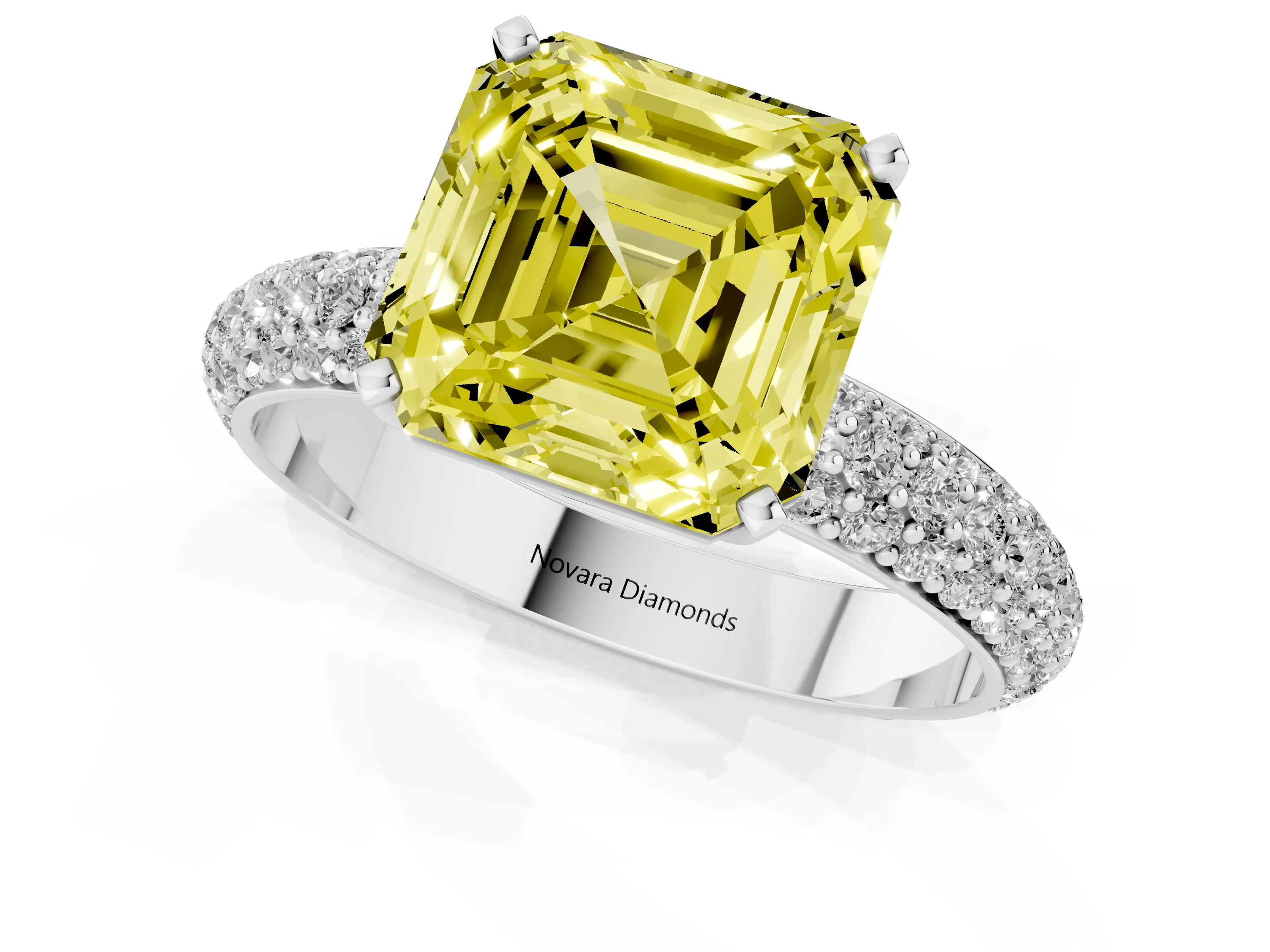 Fancy Yellow Asscher Cut Diamond Solitaire Ring Set in Silver with Prong Setting and Pavé-Set Band