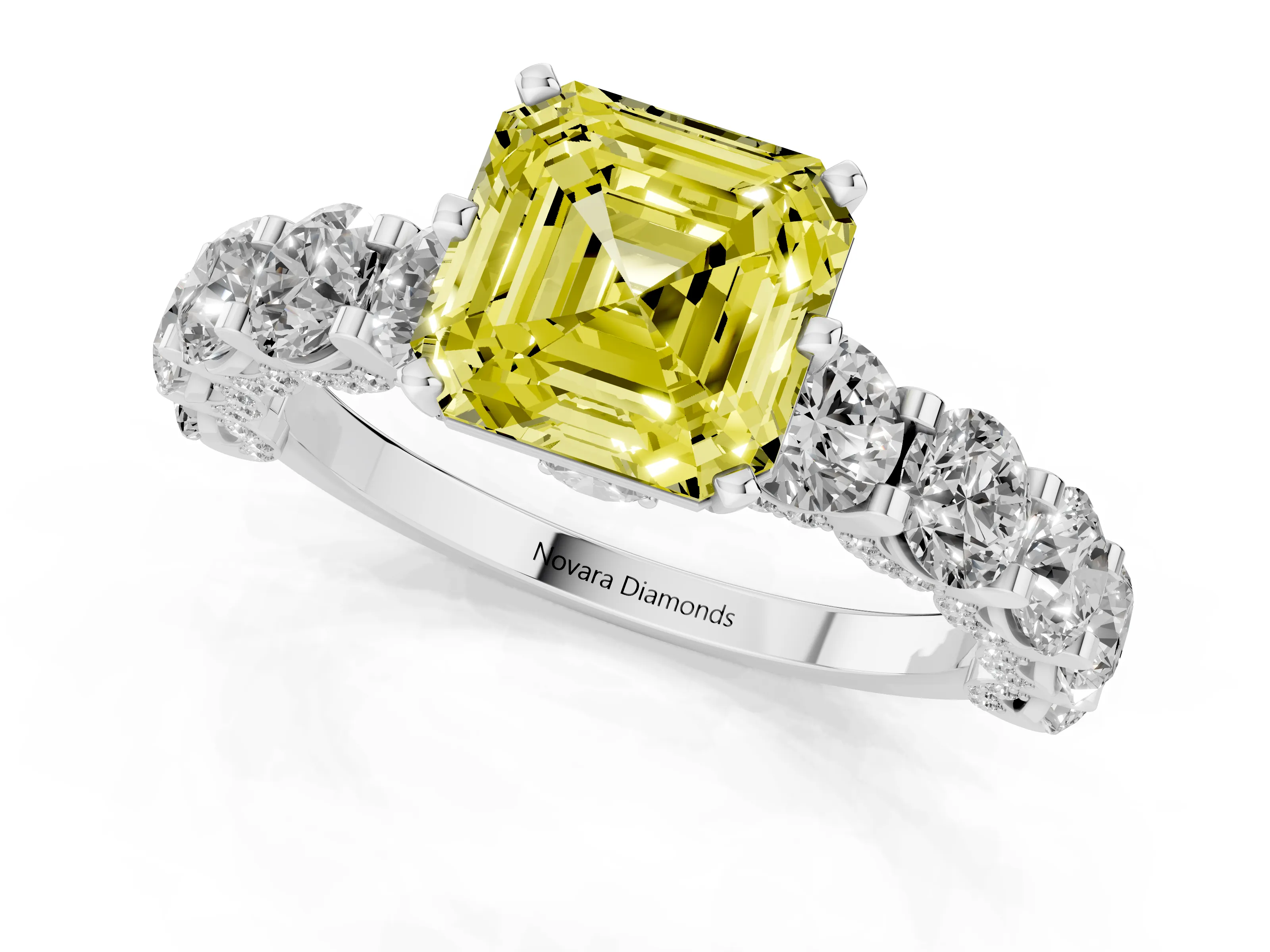 Fancy Yellow Asscher Cut Diamond Side Stone Ring Set in Silver with Alternating Round and Oval Side Stones – second view
