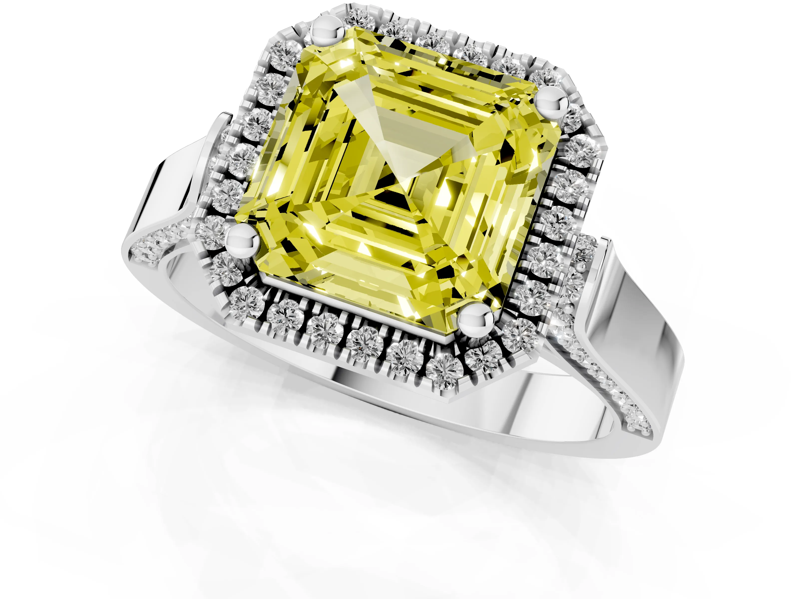 Fancy Yellow Asscher Cut Diamond Halo Ring Set in Silver with Pavé-Lined Split Shank Band