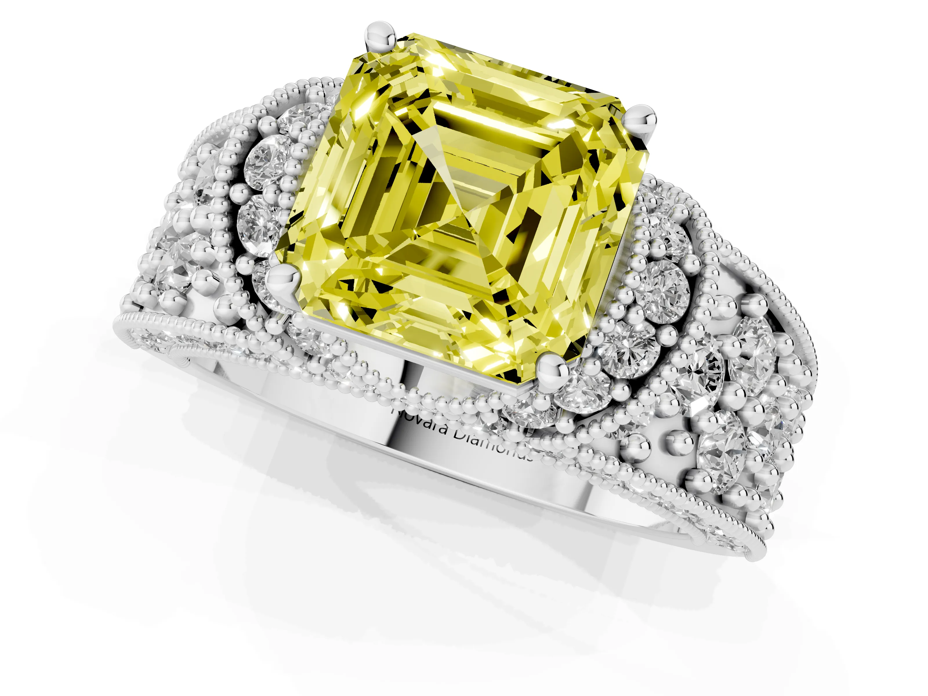 Fancy Yellow Asscher Cut Diamond Milgrain Halo Pavé Engagement Ring Set in Platinum with Prong Setting