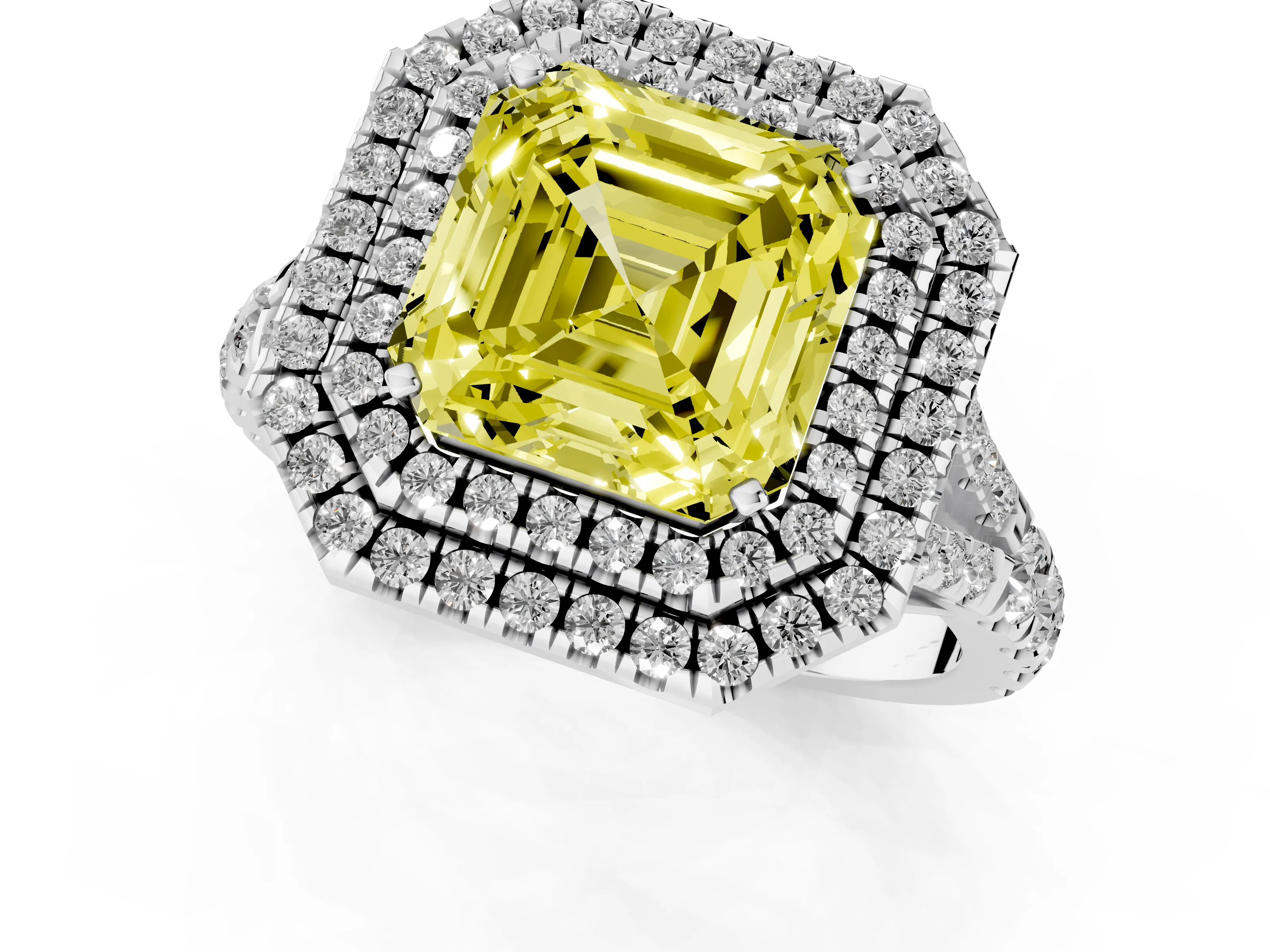 Fancy Yellow Asscher Cut Diamond Pavé Split Shank Double Halo Engagement Ring Set in Platinum