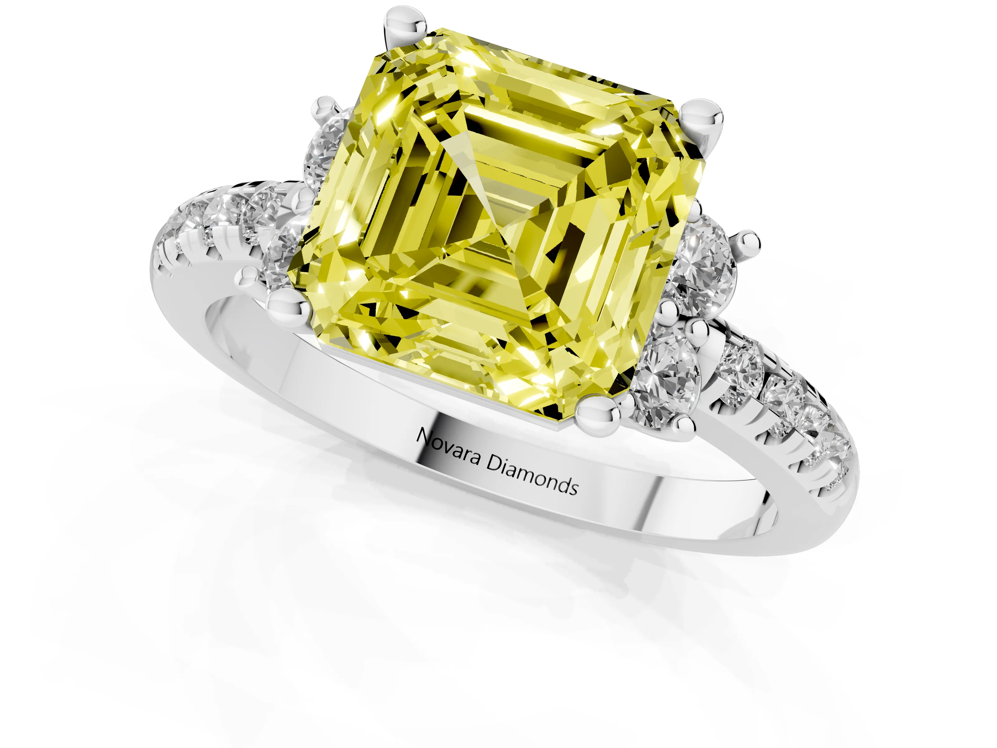 Fancy Yellow Asscher Cut Diamond Three-Stone Pavé Ring Set in White gold with Prong Setting