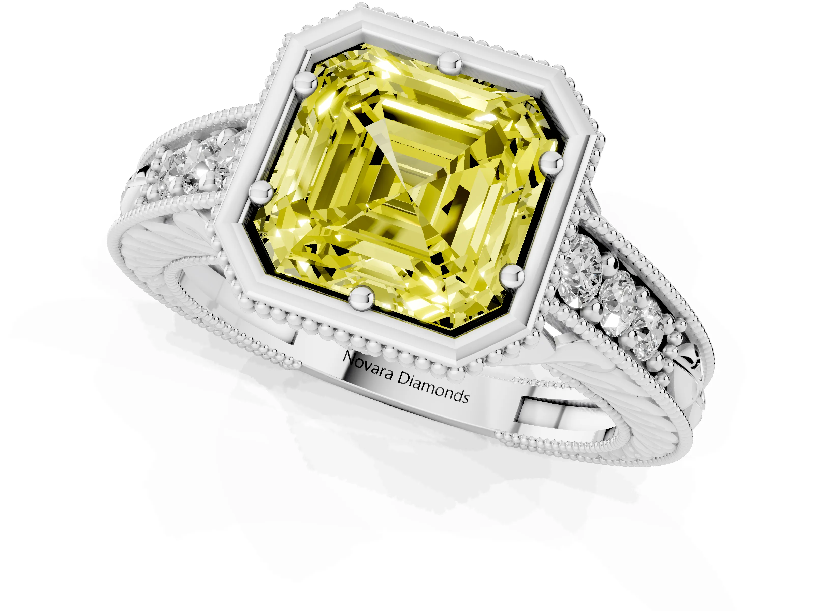 Fancy Yellow Bezel Set Asscher Cut Diamond Milgrain Pavé Engagement Ring Set in Silver