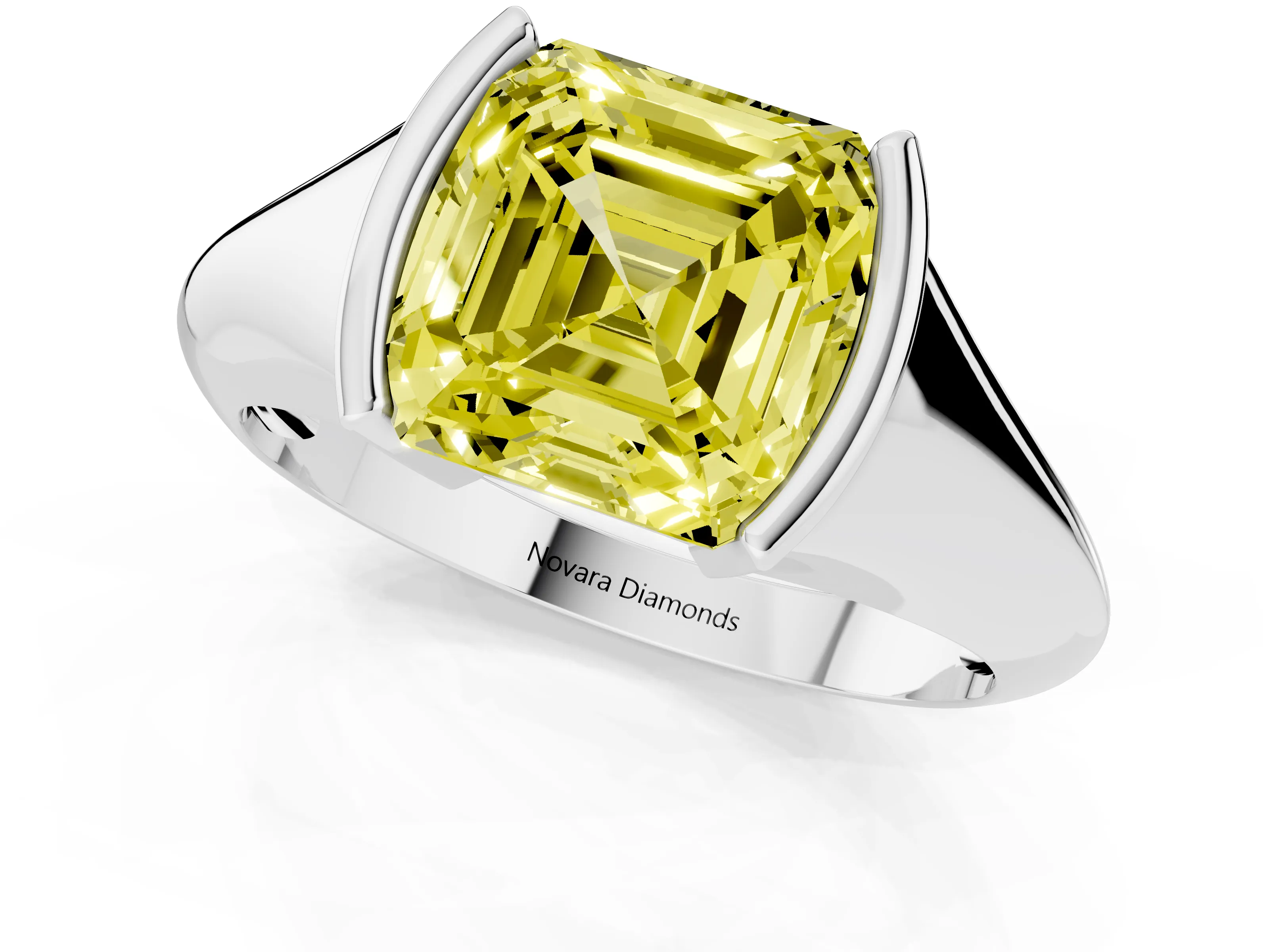 Fancy Yellow Asscher Cut Diamond Solitaire Tension Set Ring Set in White gold