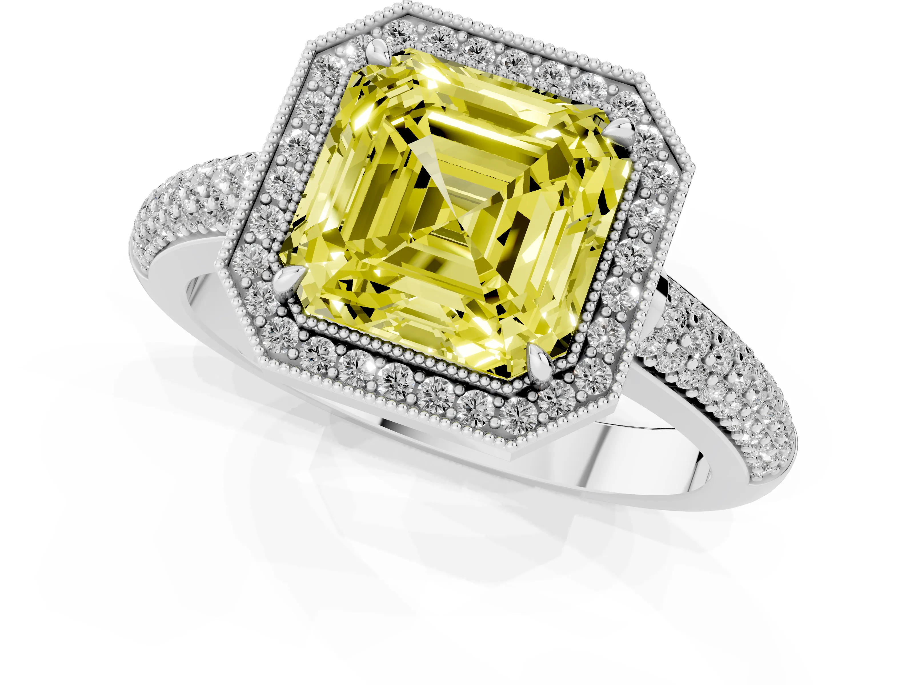 Fancy Yellow Asscher Cut Diamond Halo Pavé Band Set in White gold with Prong Setting