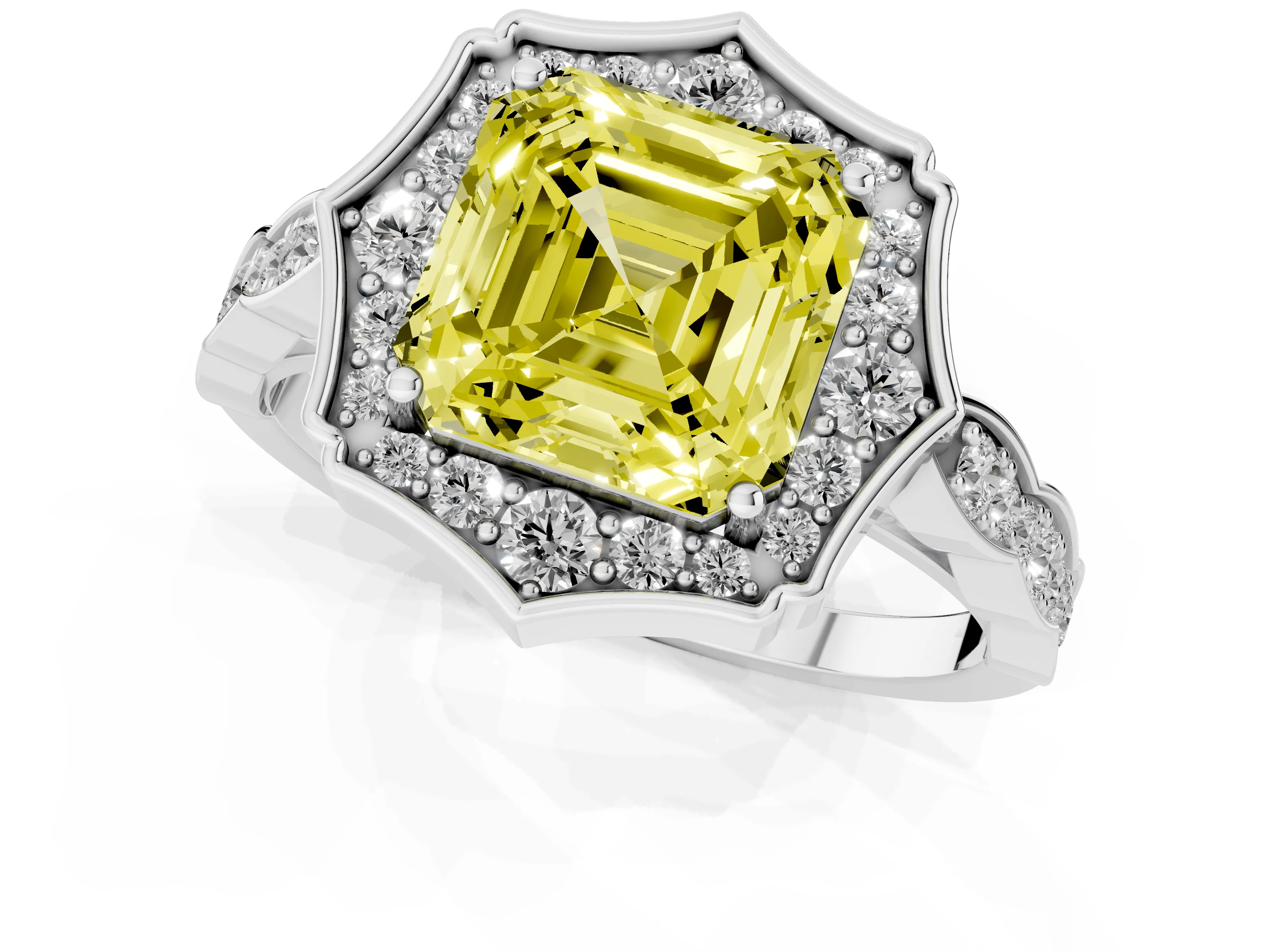 Fancy Yellow Asscher Cut Diamond Halo Engagement Ring Set in Platinum with Milgrain Band and Prong Setting