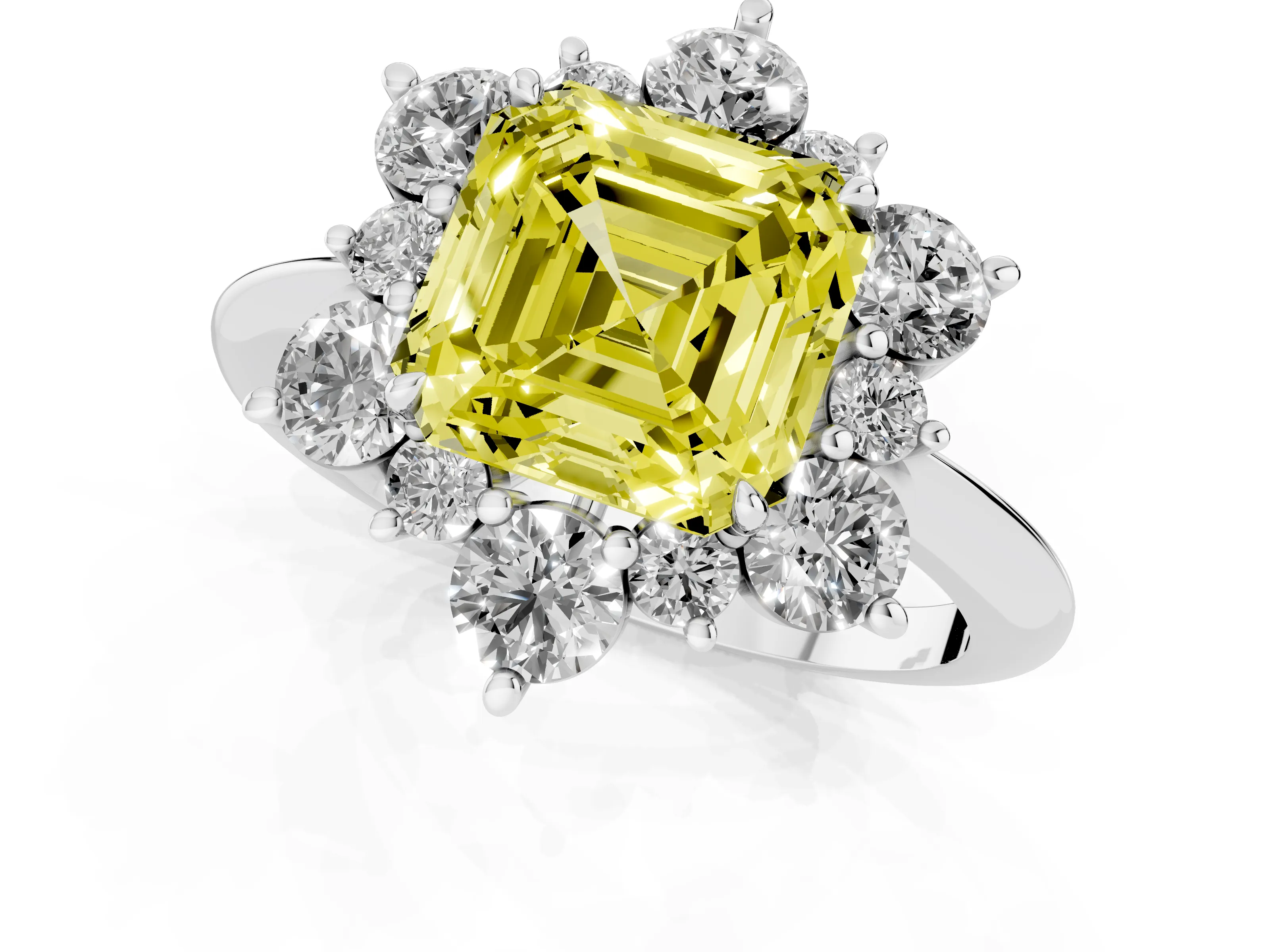 Fancy Yellow Asscher Cut Diamond Cluster Halo Ring Set in White gold with Solitaire Band and Prong Setting