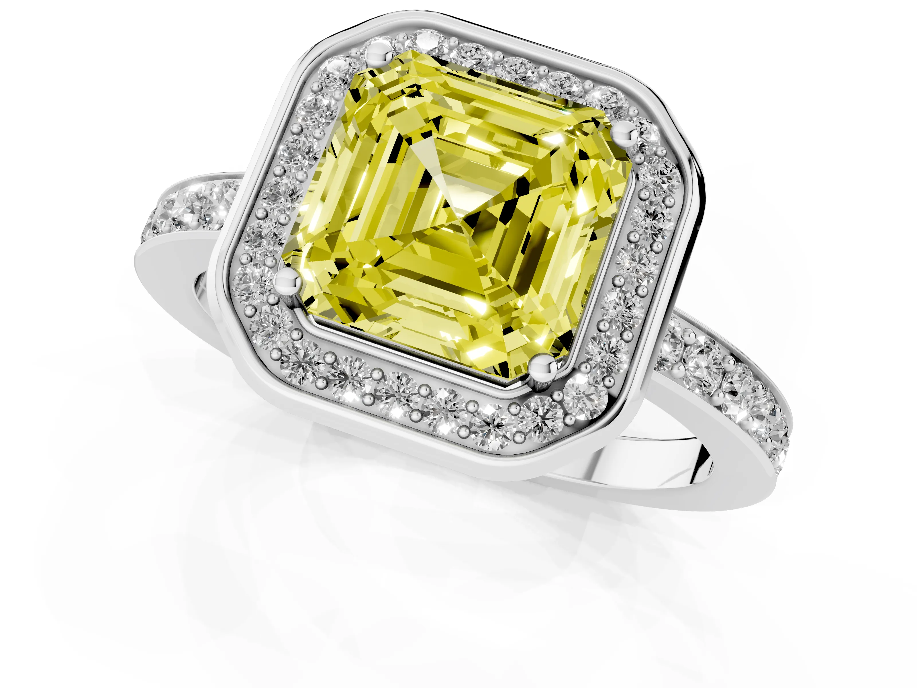 Fancy Yellow Asscher Cut Diamond Halo Ring Set in White gold with Bezel Frame and Pavé Band