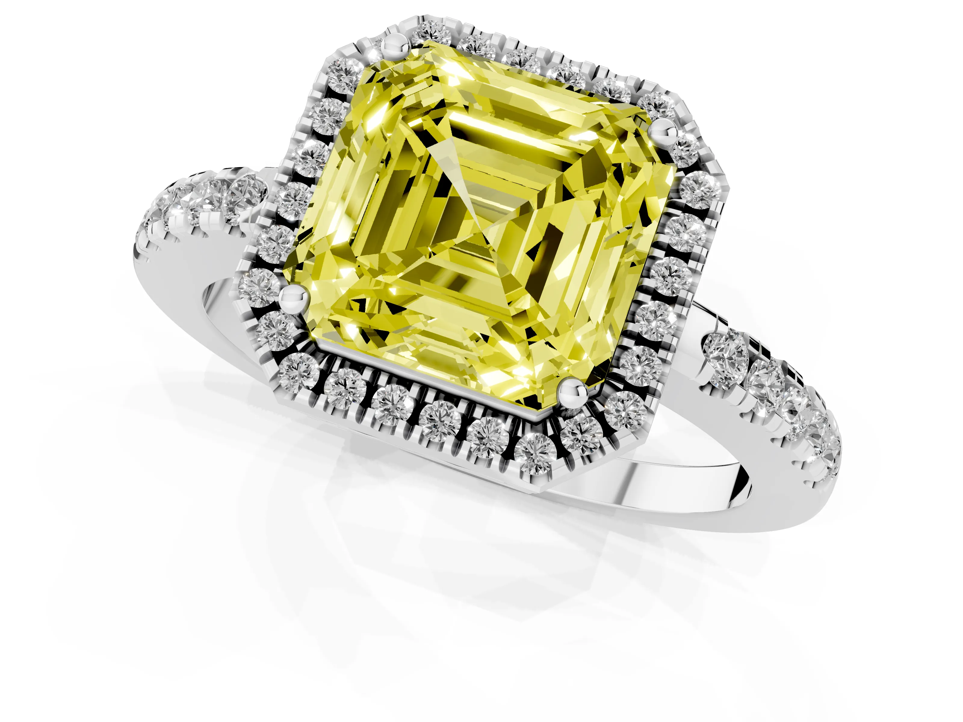 Fancy Yellow Asscher Cut Diamond Pavé Band Halo Engagement Ring Set in White gold with Prong Setting