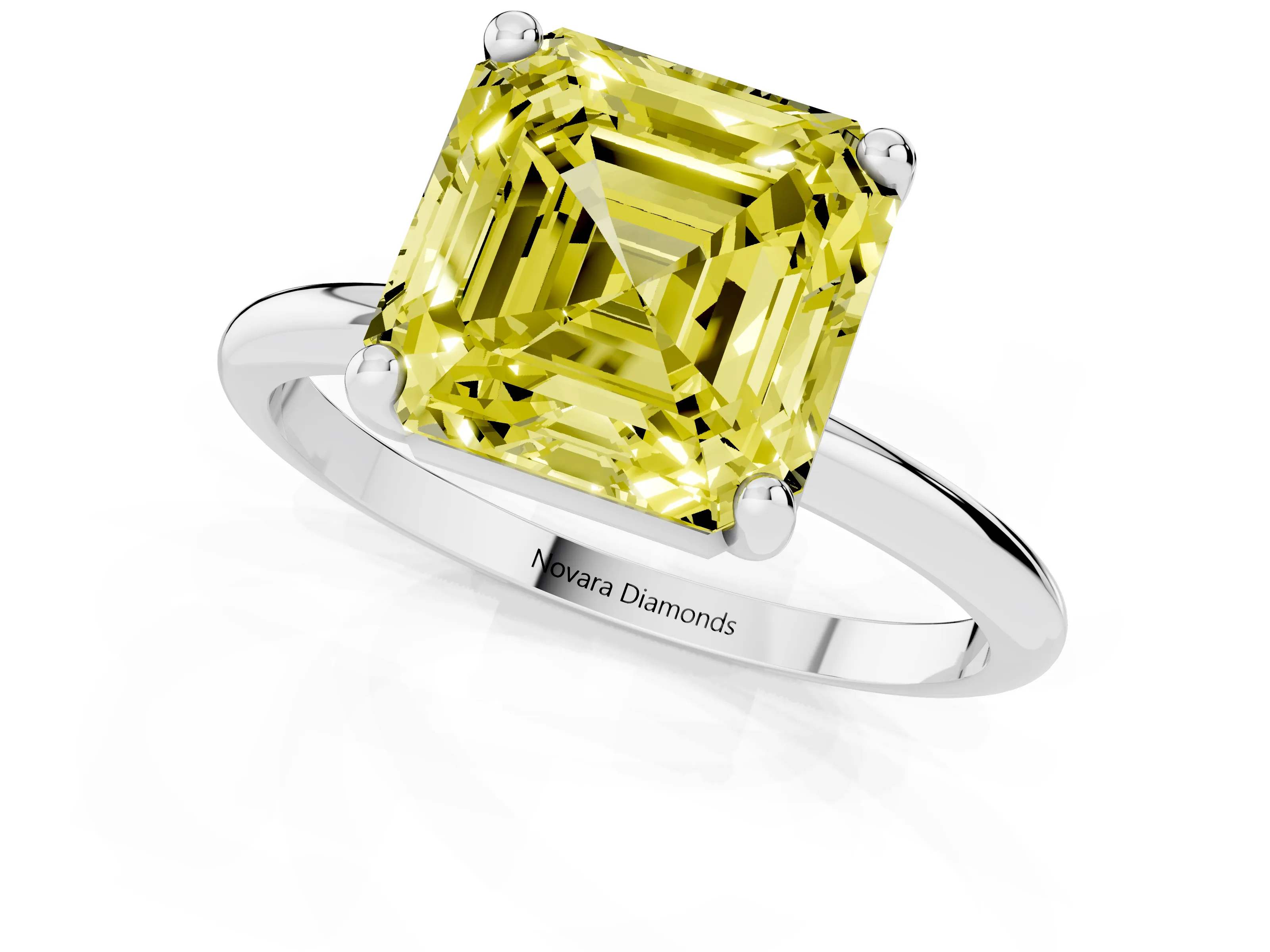 Fancy Yellow Asscher Cut Diamond Solitaire Ring Set in Platinum with Secure Prong Setting on a Classic Band