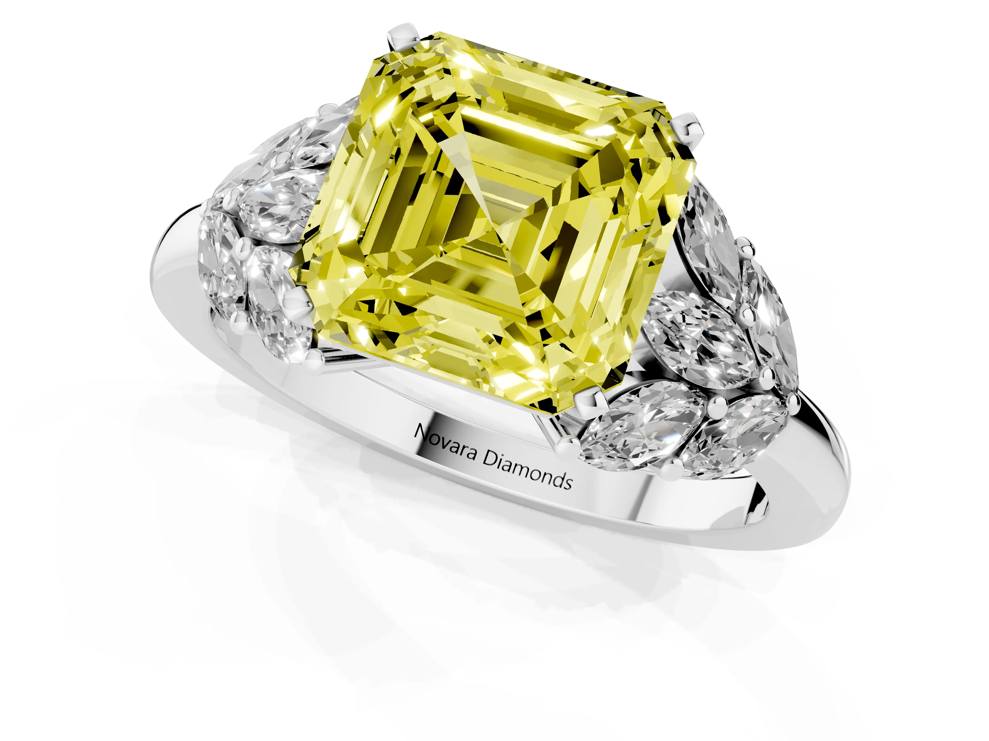Fancy Yellow Asscher Cut Diamond Cluster Leaf Design Ring Set in White gold with Prong Setting