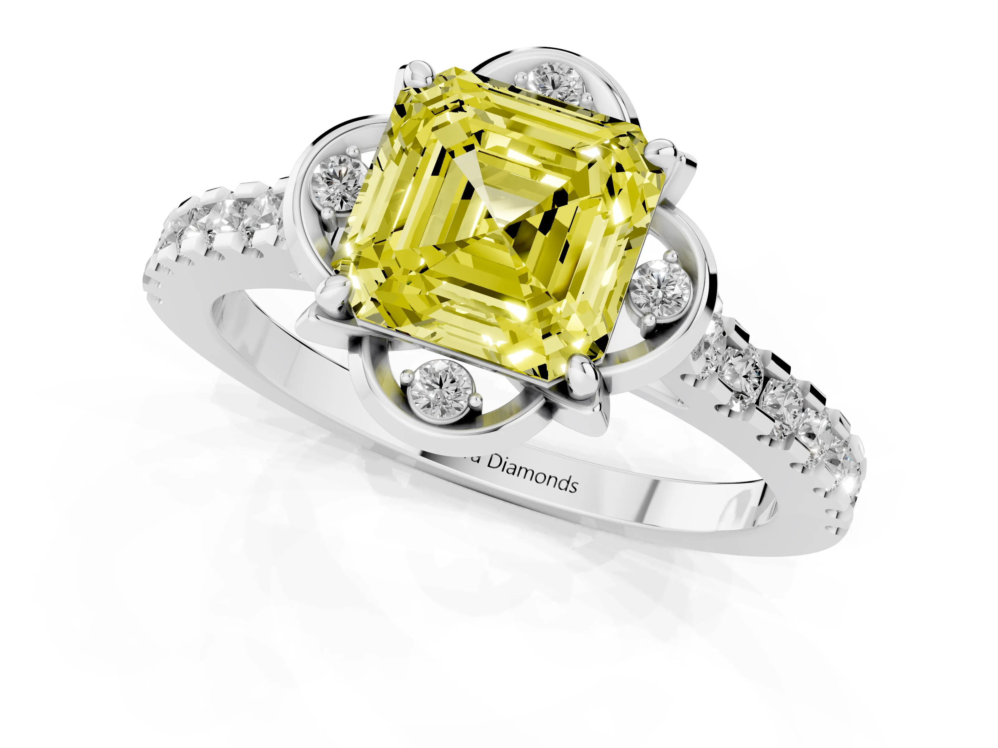 Fancy Yellow Asscher Cut Diamond Solitaire Ring Set in Platinum with Pavé Band and Floral Prong Setting