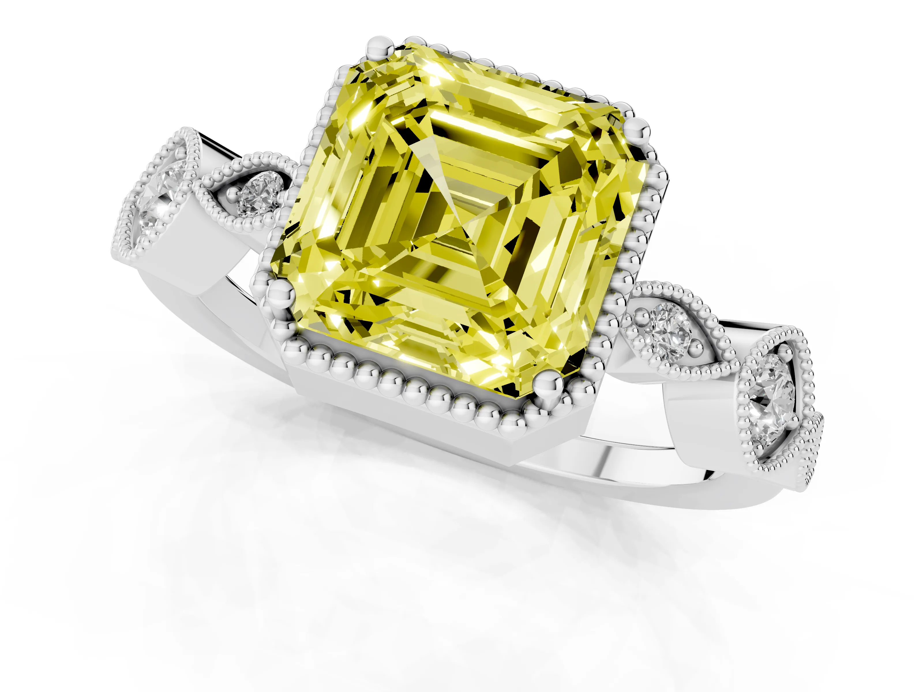 Fancy Yellow Asscher Cut Diamond Vintage-Inspired Milgrain Ring Set in White gold with Marquise Stations of Round Accents