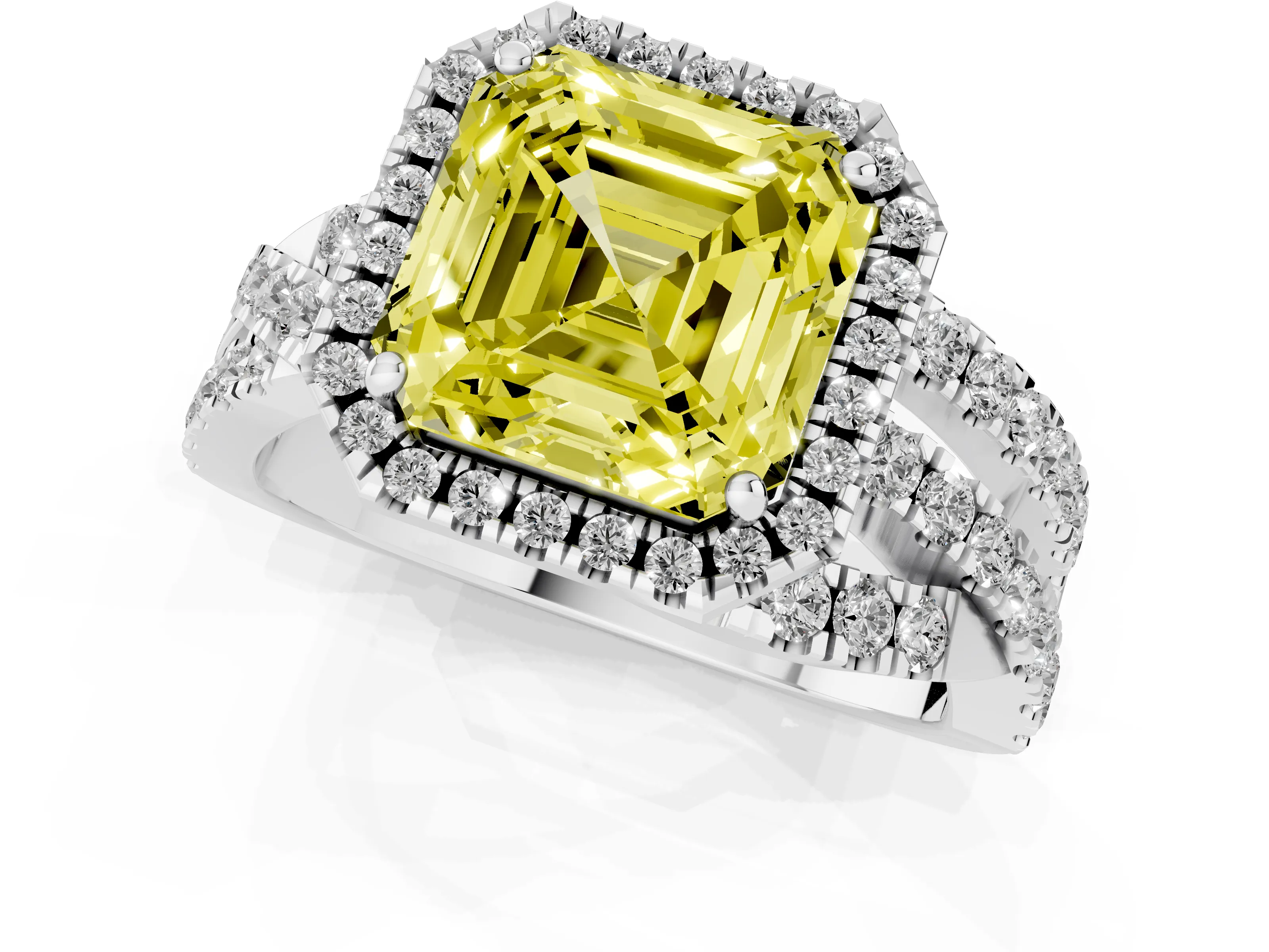 Fancy Yellow Asscher Cut Diamond Halo Ring Set in Platinum with Round Crossover Split Shank and Prong Setting