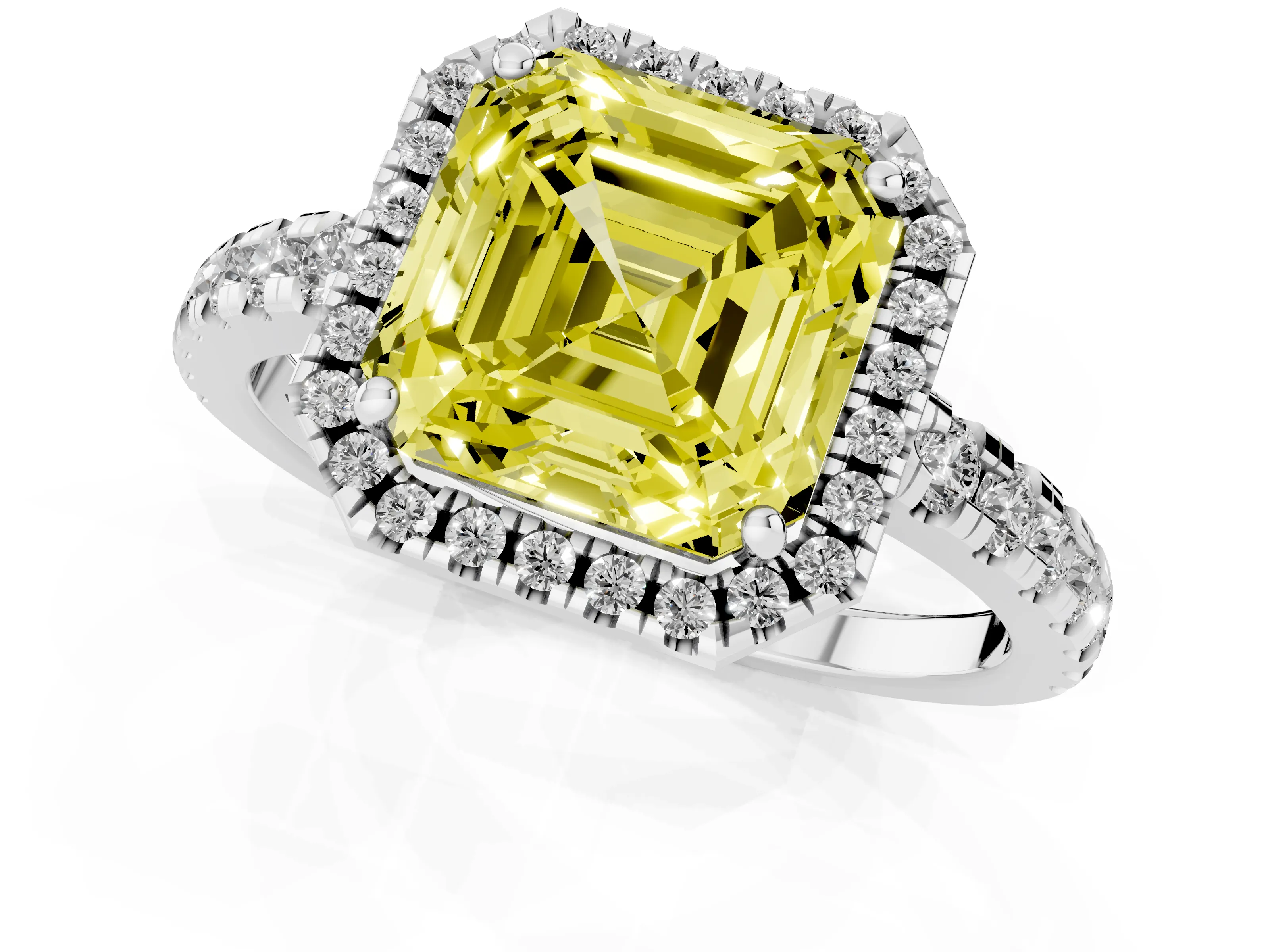 Fancy Yellow Asscher Cut Diamond Halo Ring Set in Platinum with Delicate Pavé Band and Prong Setting