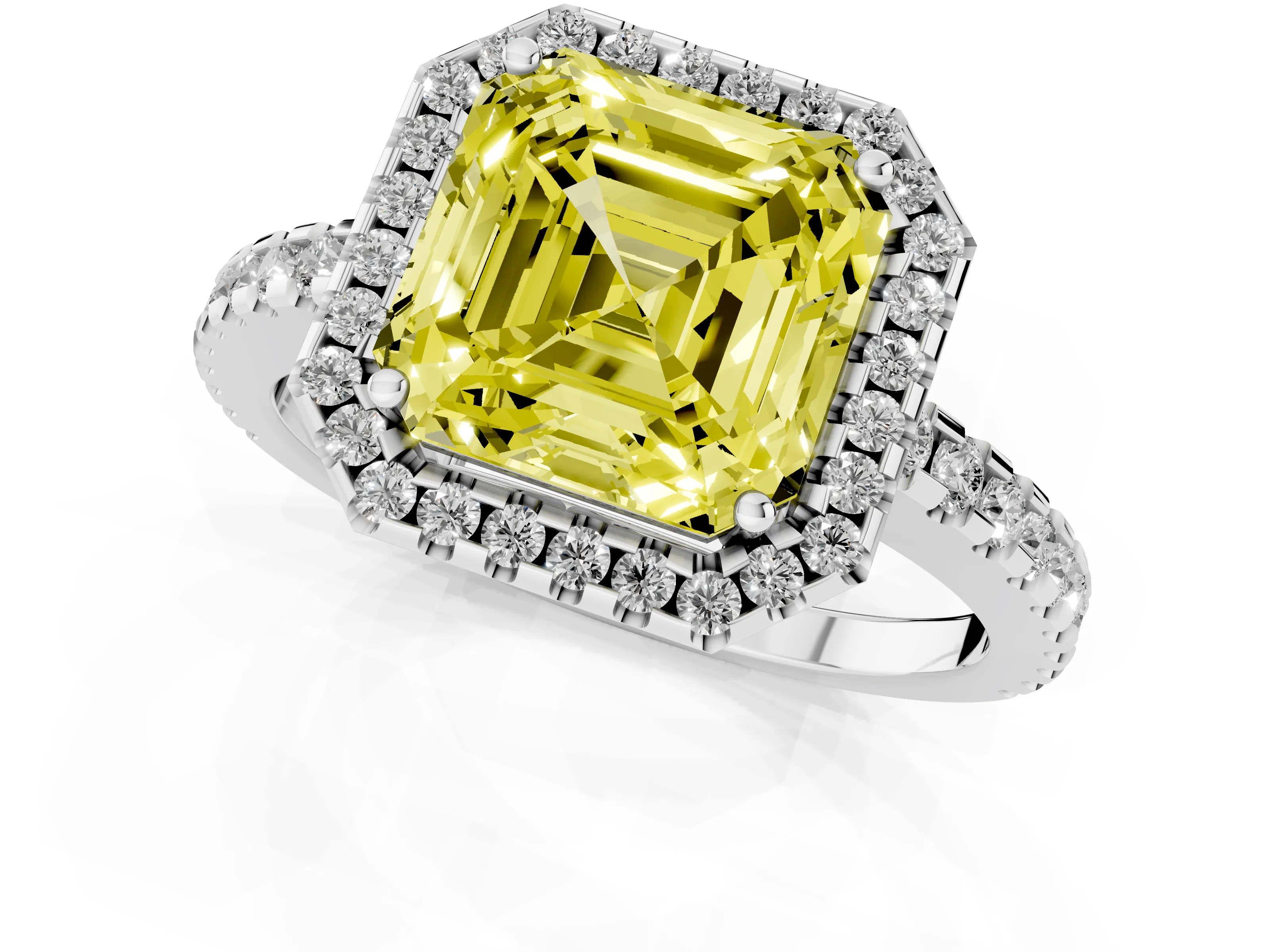 Fancy Yellow Asscher Cut Diamond Halo Ring Set in Platinum with Pavé Shoulders and Halo-Framed Center