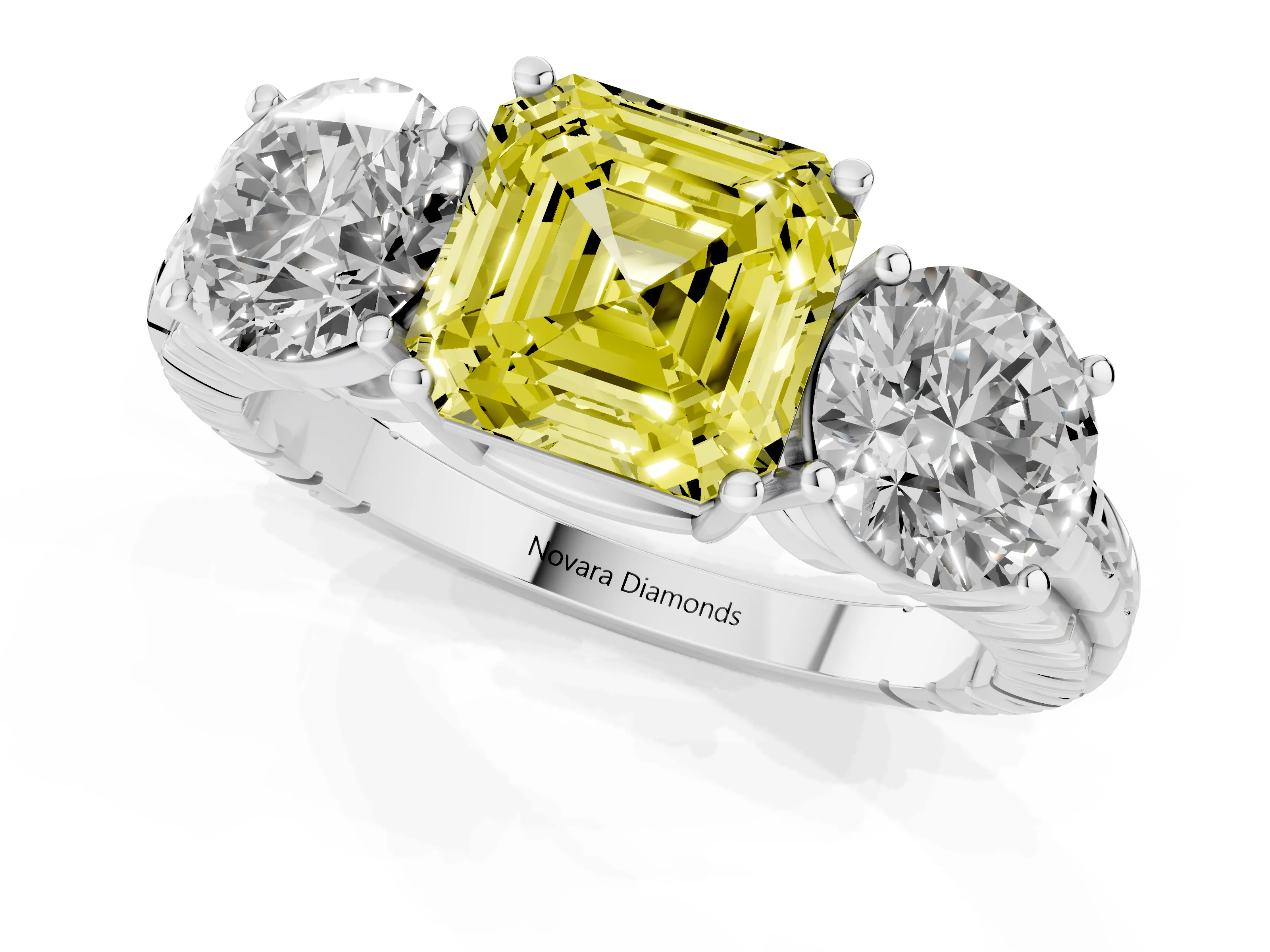 Fancy Yellow Asscher Cut Diamond Three-Stone Ring Set in Platinum with Channel-Set Accent Band
