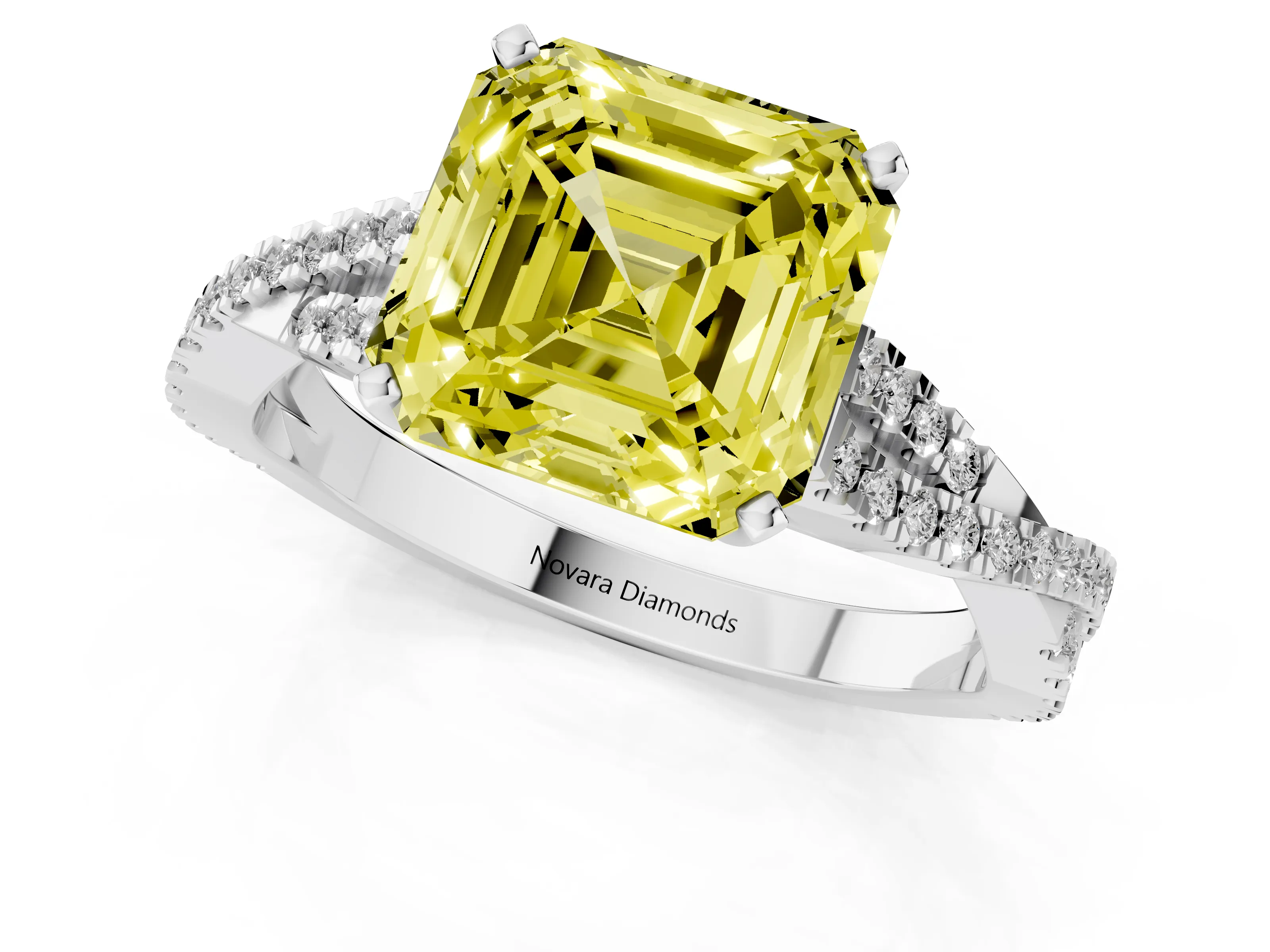 Fancy Yellow Asscher Cut Diamond Solitaire Engagement Ring Set in White gold with Twisted Pavé Band and Prong Setting