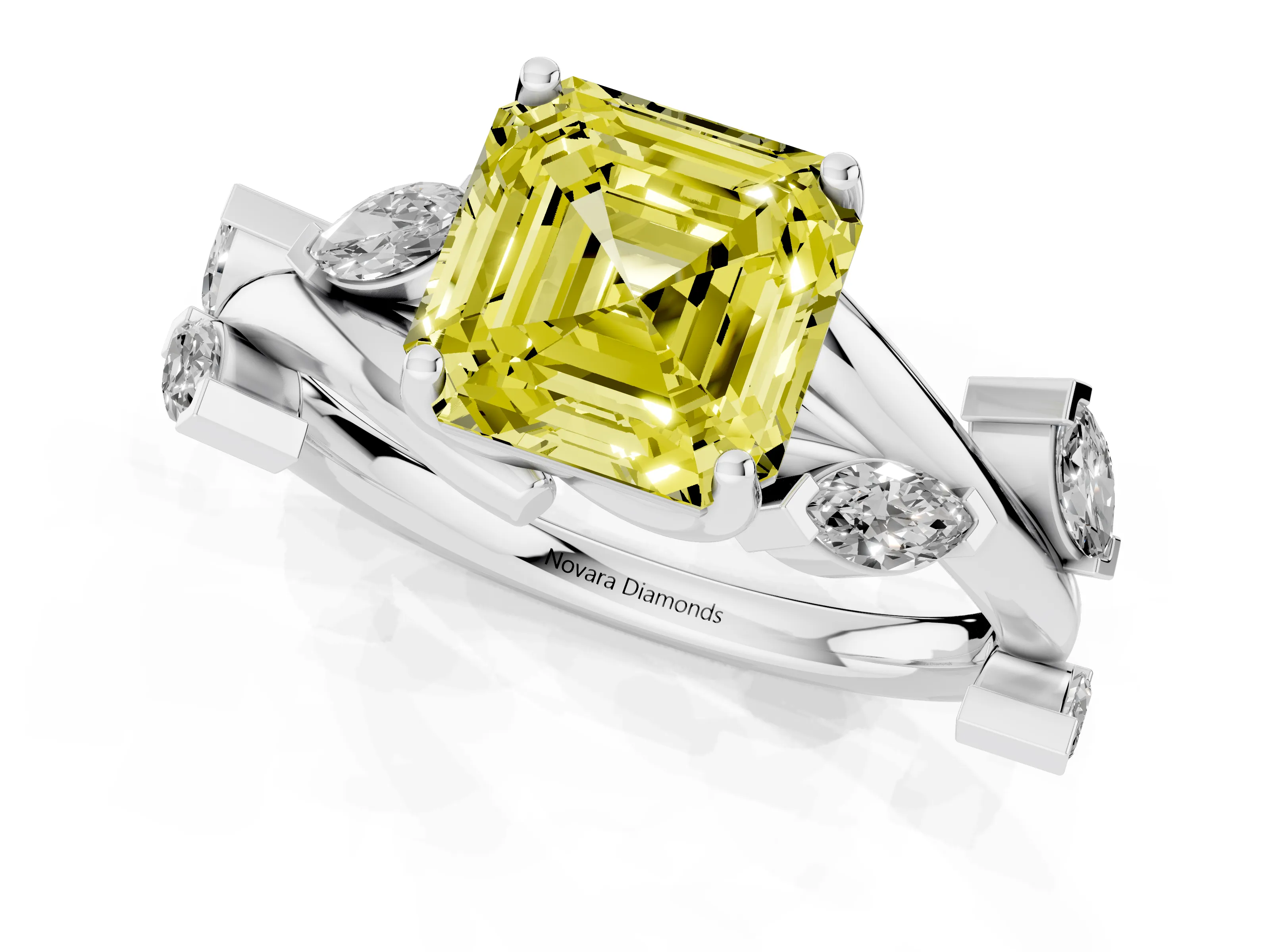 Fancy Yellow Asscher Cut Diamond Solitaire Ring Set in White gold with Twisted Marquise Accent Band