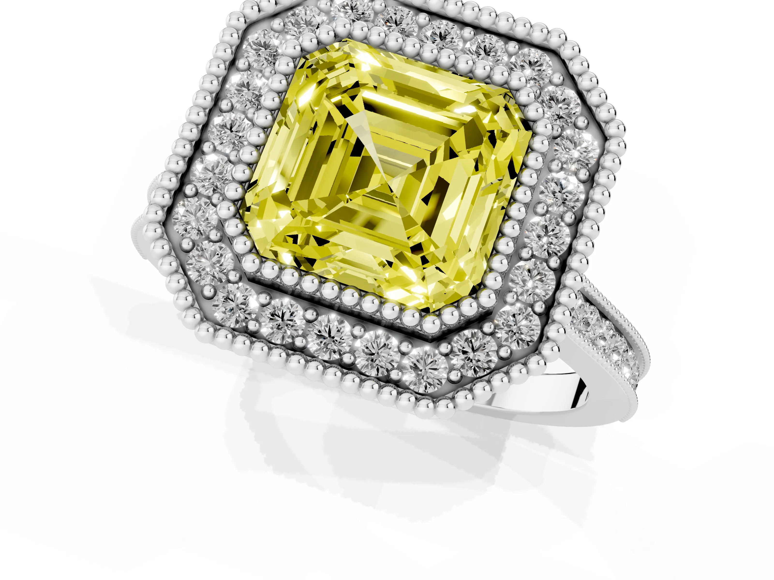 Fancy Yellow Asscher Cut Diamond Halo Ring Set in Silver with Milgrain Frame and Pavé Band