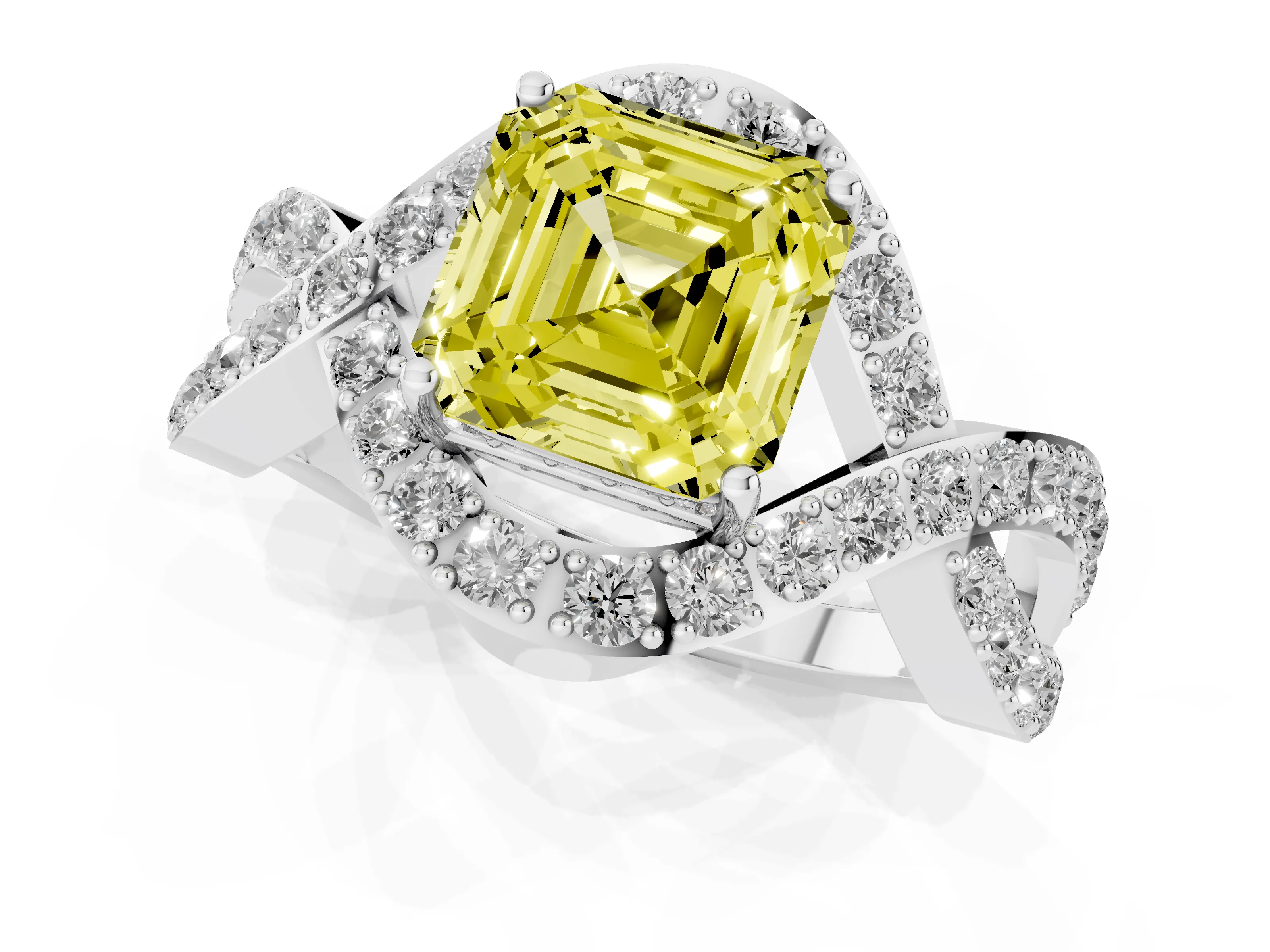 Fancy Yellow Asscher Cut Diamond Solitaire Twist Band Pavé Engagement Ring Set in Silver