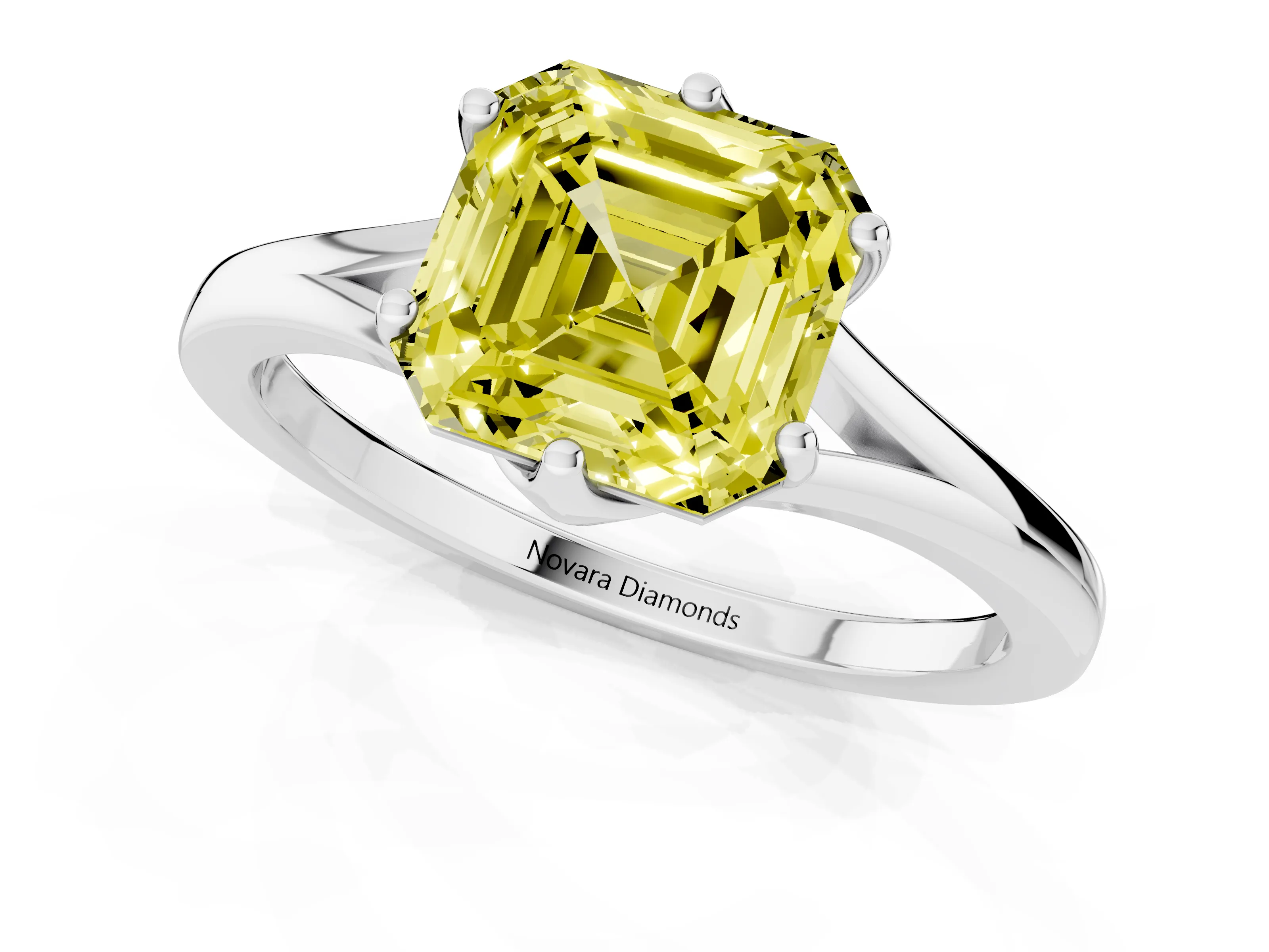 Fancy Yellow Asscher Cut Diamond Solitaire Ring Set in White gold with Polished Tapered Band and Prong Setting