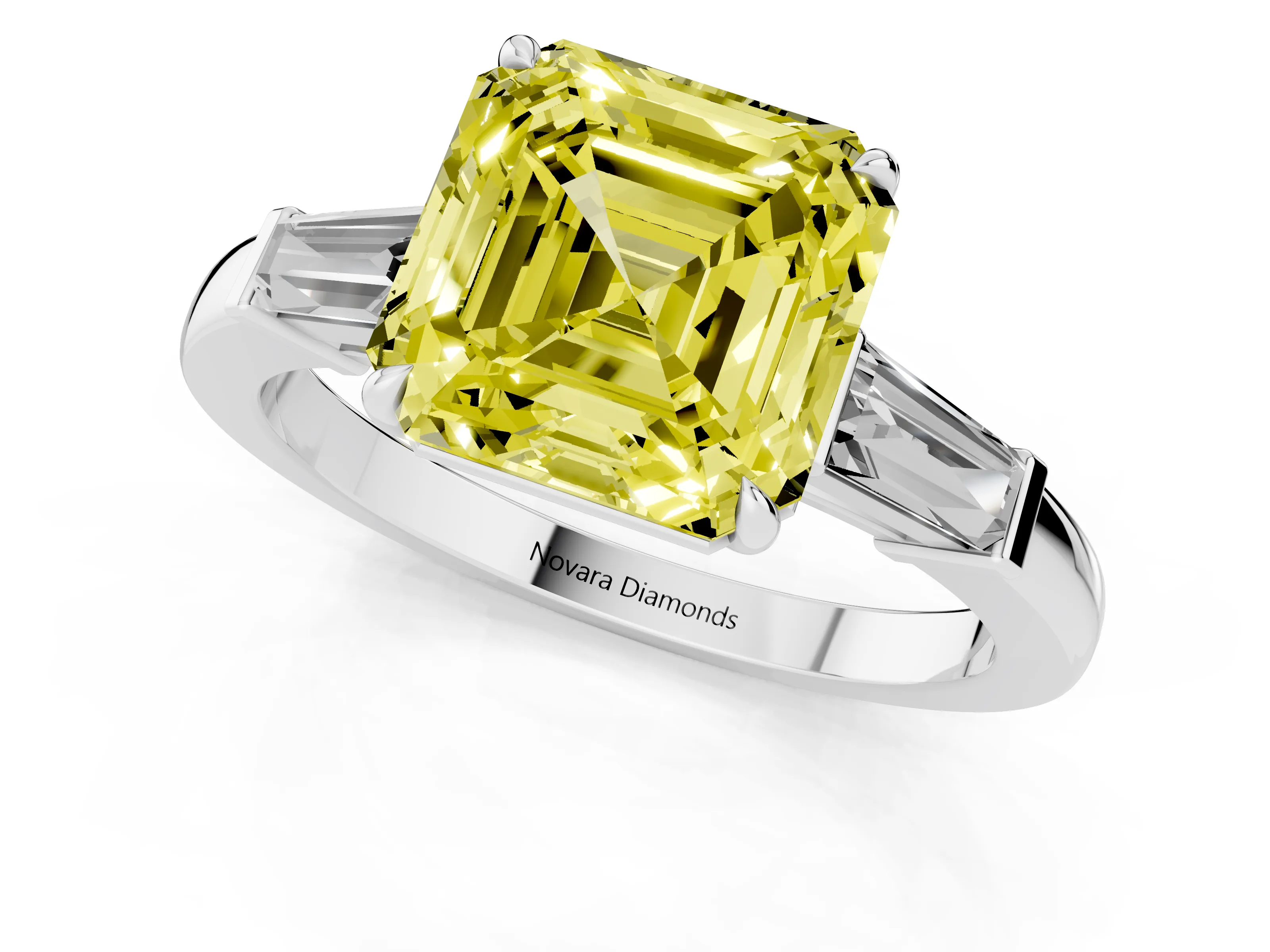 Fancy Yellow Asscher Cut Diamond Three-Stone Ring Set in White gold with Tapered Baguette Side Stones and Prong Setting