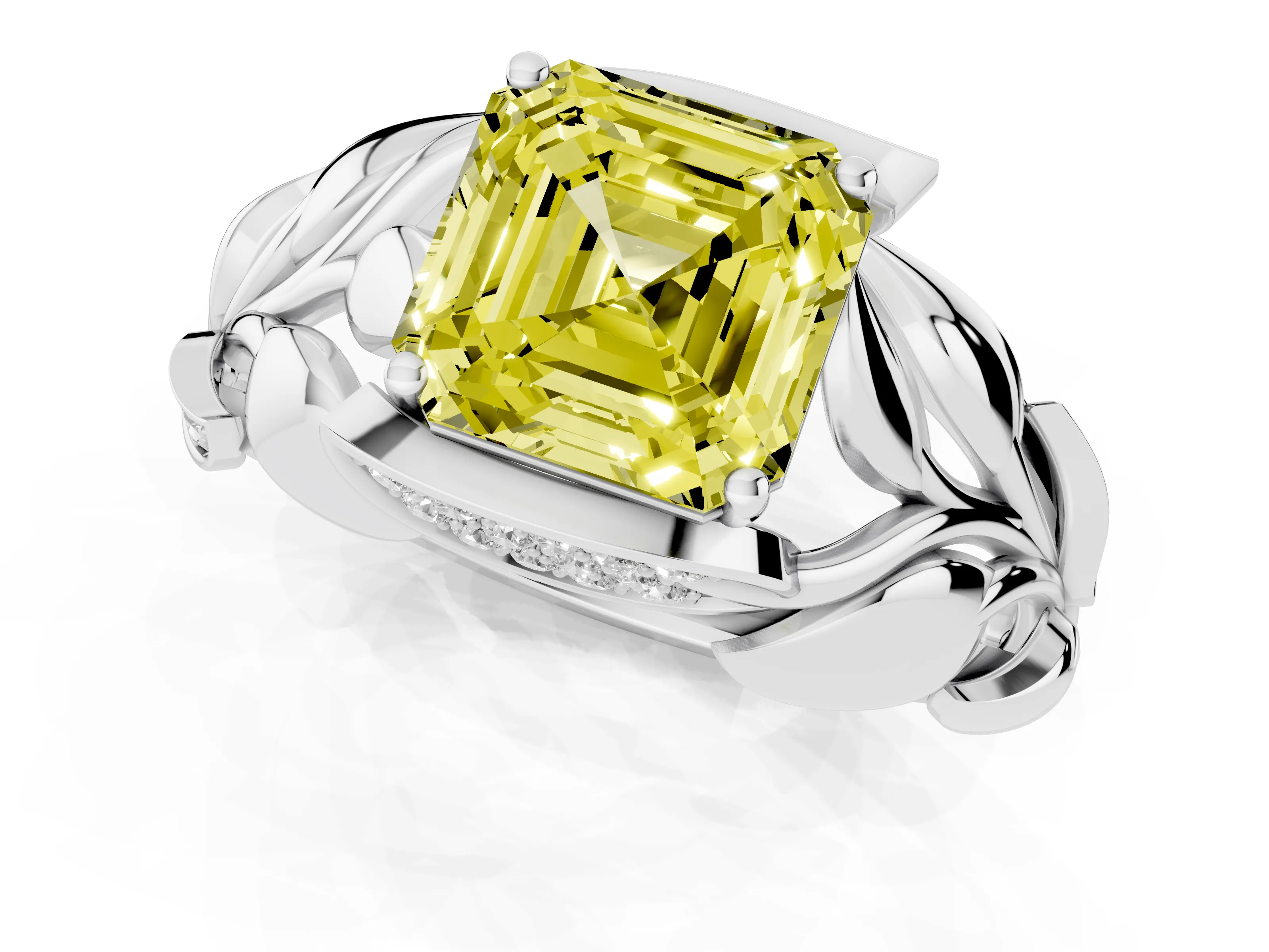 Fancy Yellow Asscher Cut Diamond Leaf-Inspired Engagement Ring Set in White gold with Round Accents