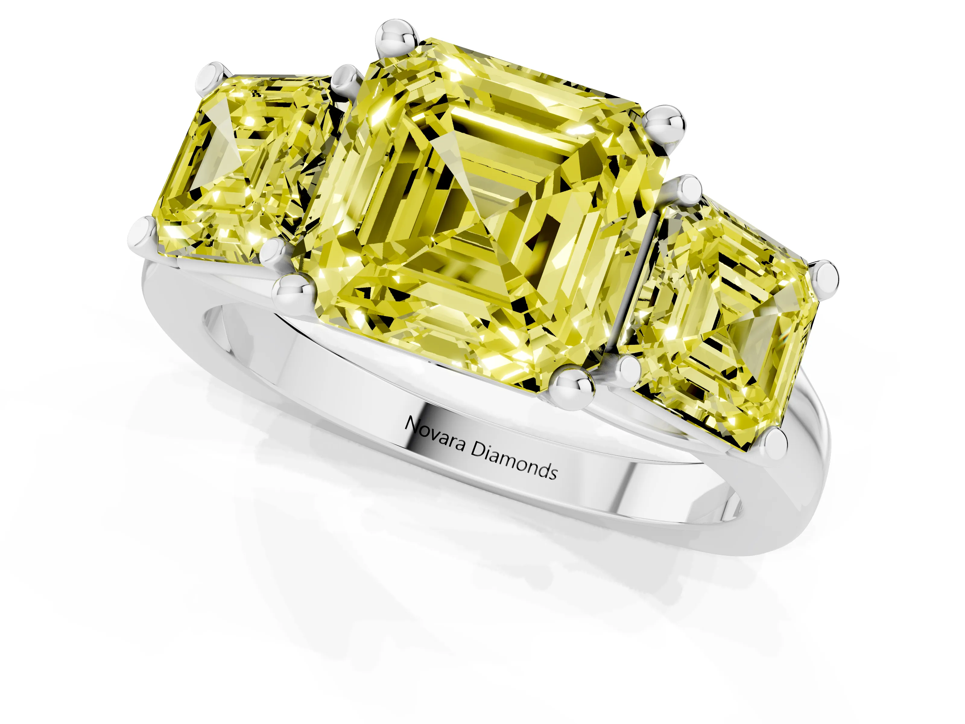 Fancy Yellow Asscher Cut Diamond Three-Stone Trellis Ring Set in Platinum with Comfort Fit Band