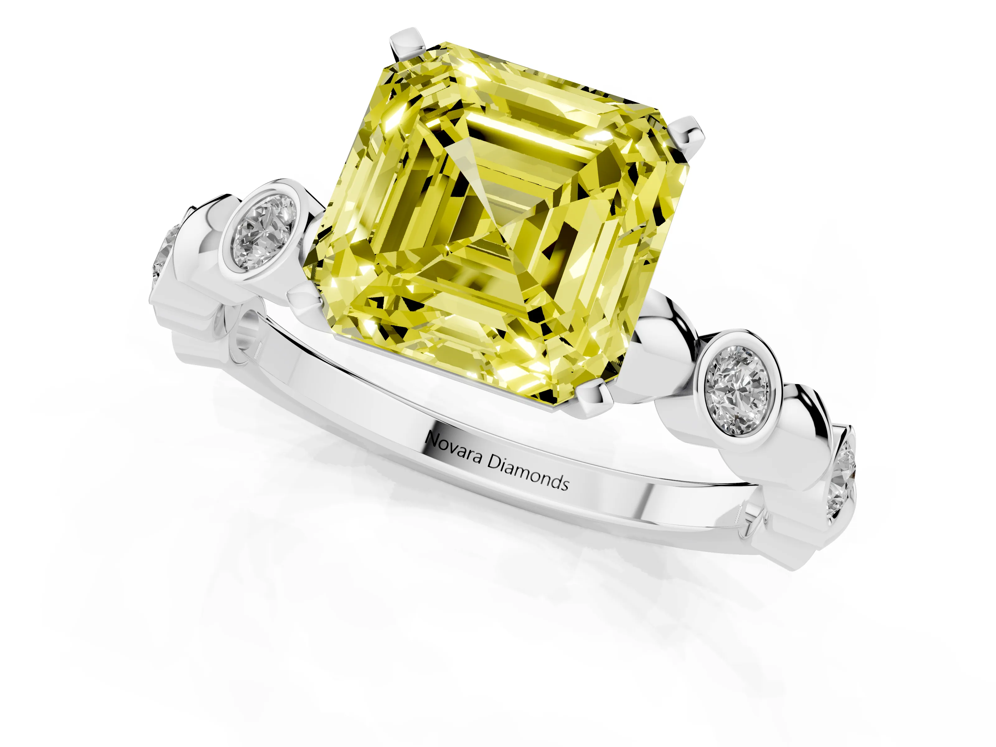 Fancy Yellow Asscher Cut Diamond Solitaire Ring Set in White gold with Bezel-Set Accents on Beaded Band and Prong Setting