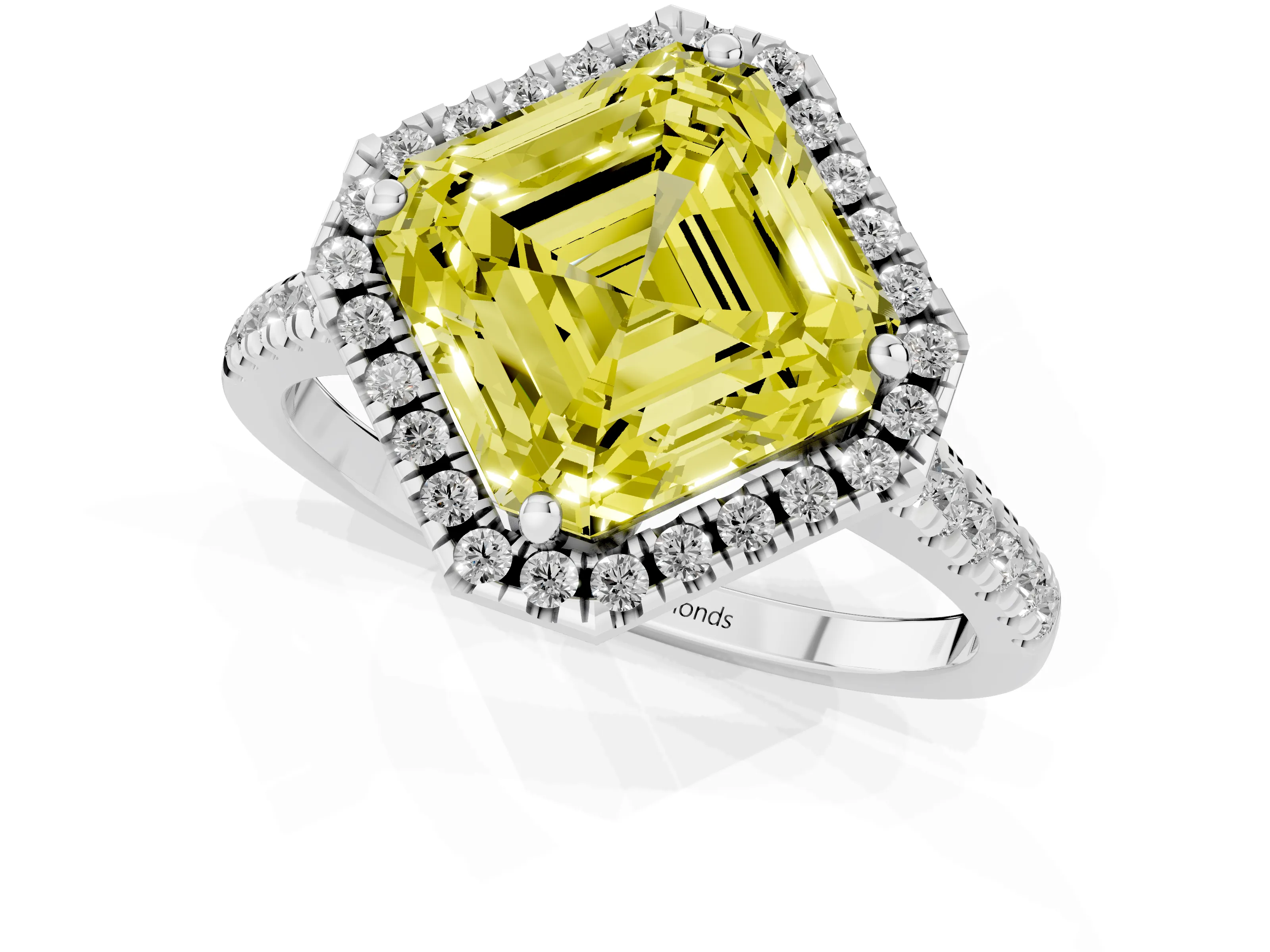 Fancy Yellow Asscher Cut Diamond Cushion Halo Ring Set in White gold with Pavé Band – second view