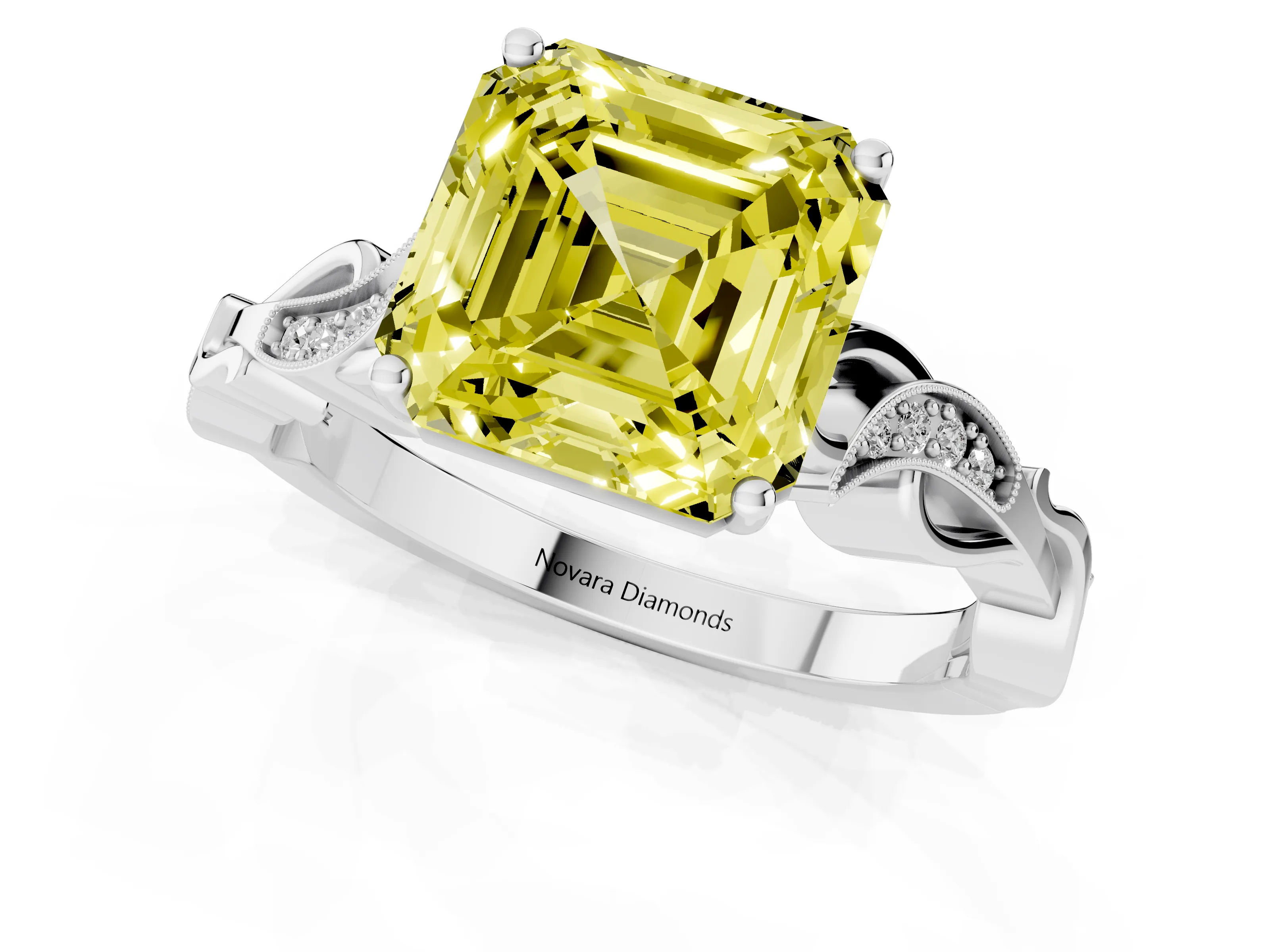Fancy Yellow Asscher Cut Diamond Vine Band Solitaire Ring Set in White gold with Milgrain Prong Setting