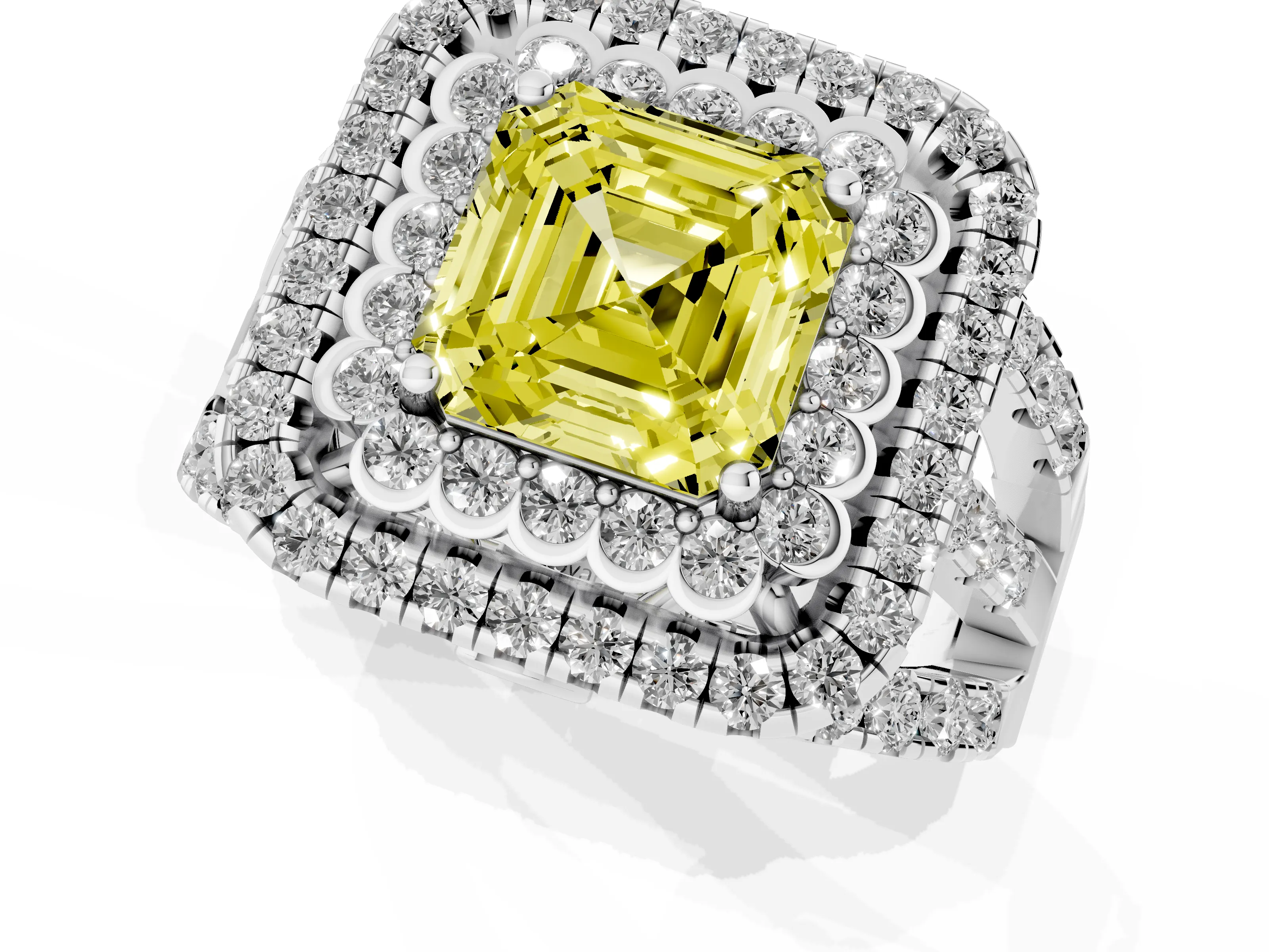 Fancy Yellow Asscher Cut Diamond Double Halo Ring Set in White gold with Round Pavé Split Shank
