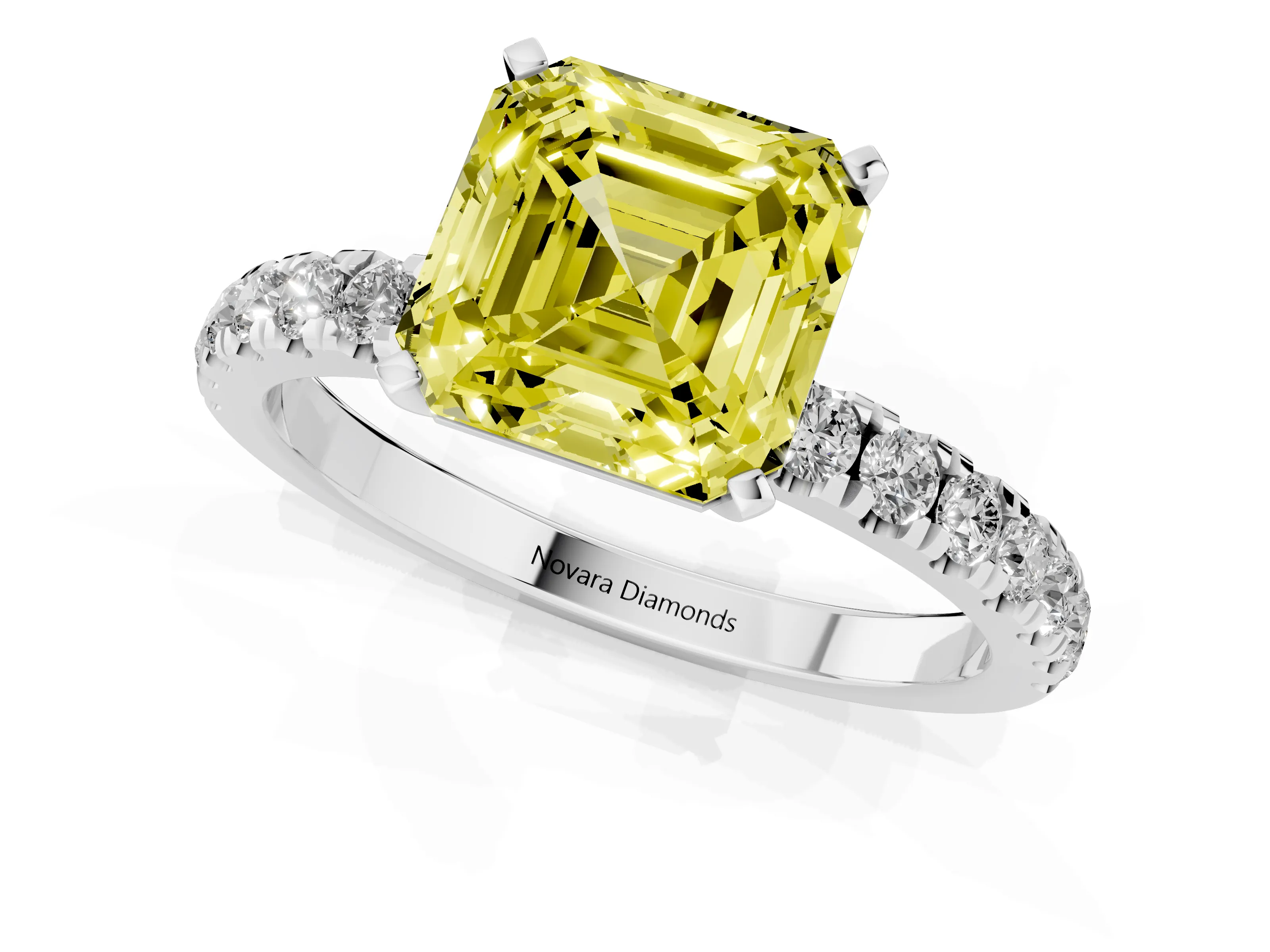 Fancy Yellow Asscher Cut Diamond Solitaire Ring Set in Platinum with Pavé Accents and Prong Setting
