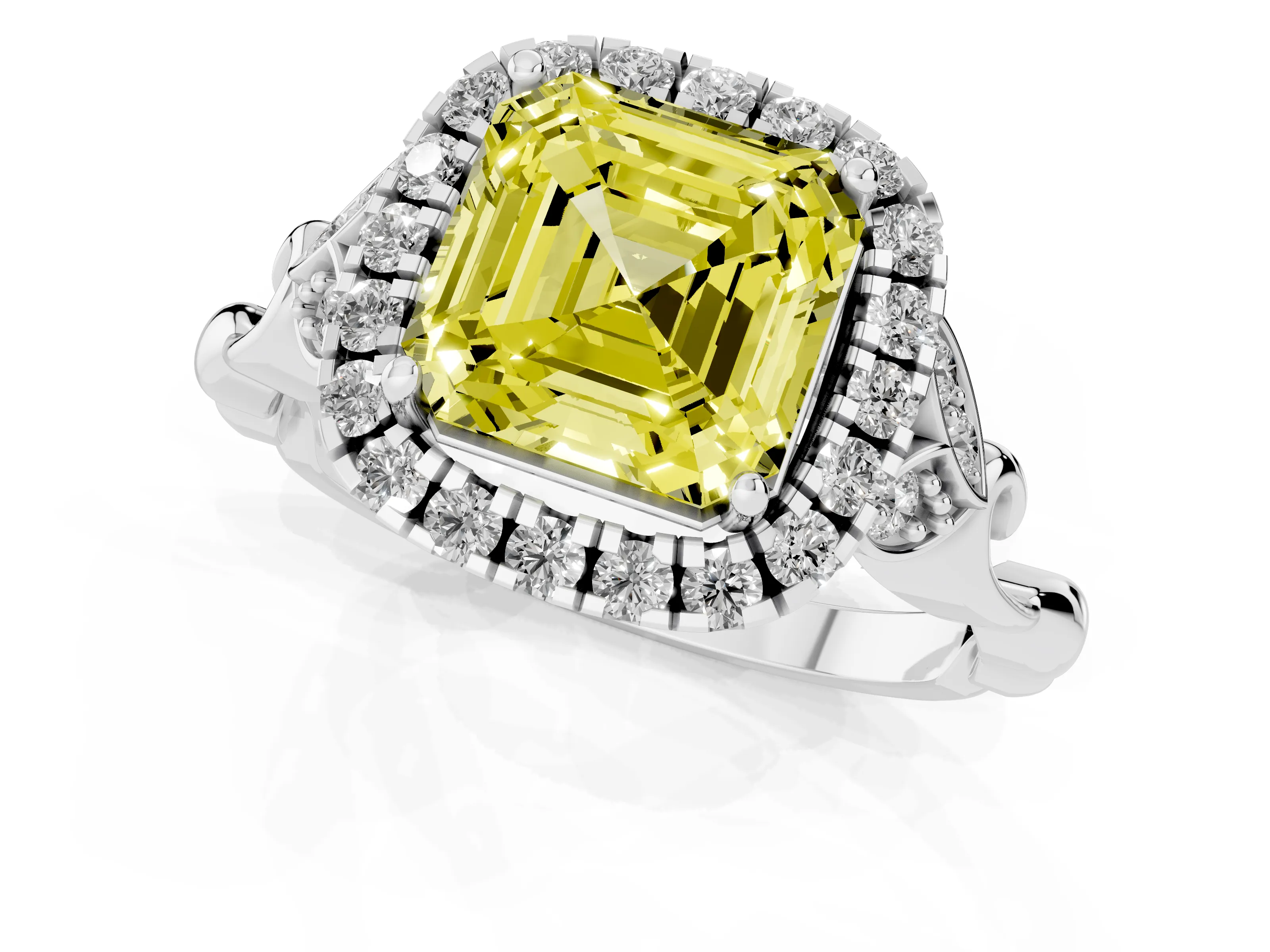 Fancy Yellow Asscher Cut Diamond Halo Engagement Ring Set in Platinum with Vintage-Inspired Band and Prong Setting