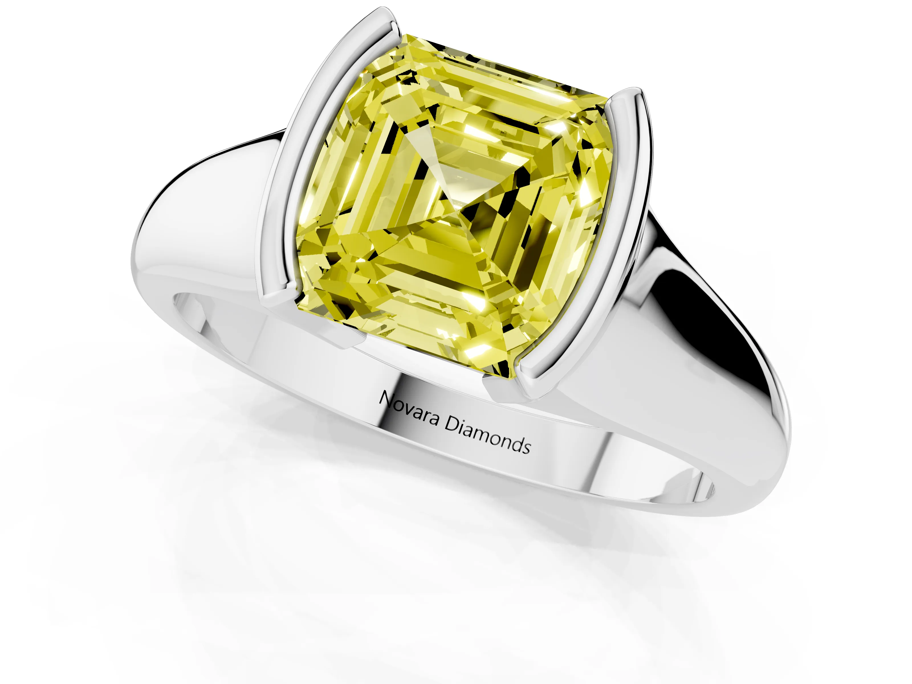 Fancy Yellow Asscher Cut Diamond Solitaire Tension Set Ring Set in Platinum with Split Shank Band