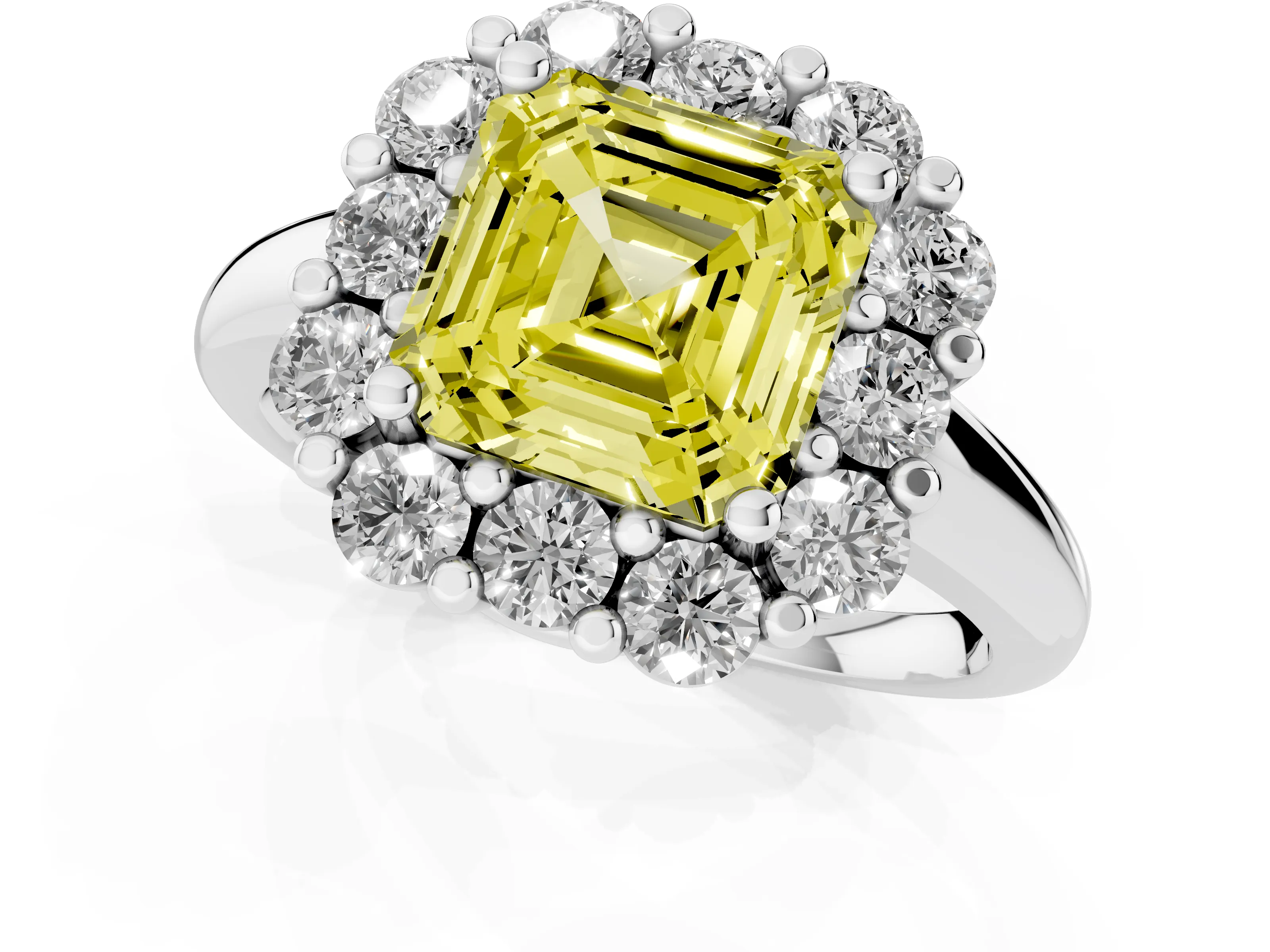 Fancy Yellow Asscher Cut Diamond Halo Cluster Engagement Ring Set in White gold with Polished Band and Prong Setting