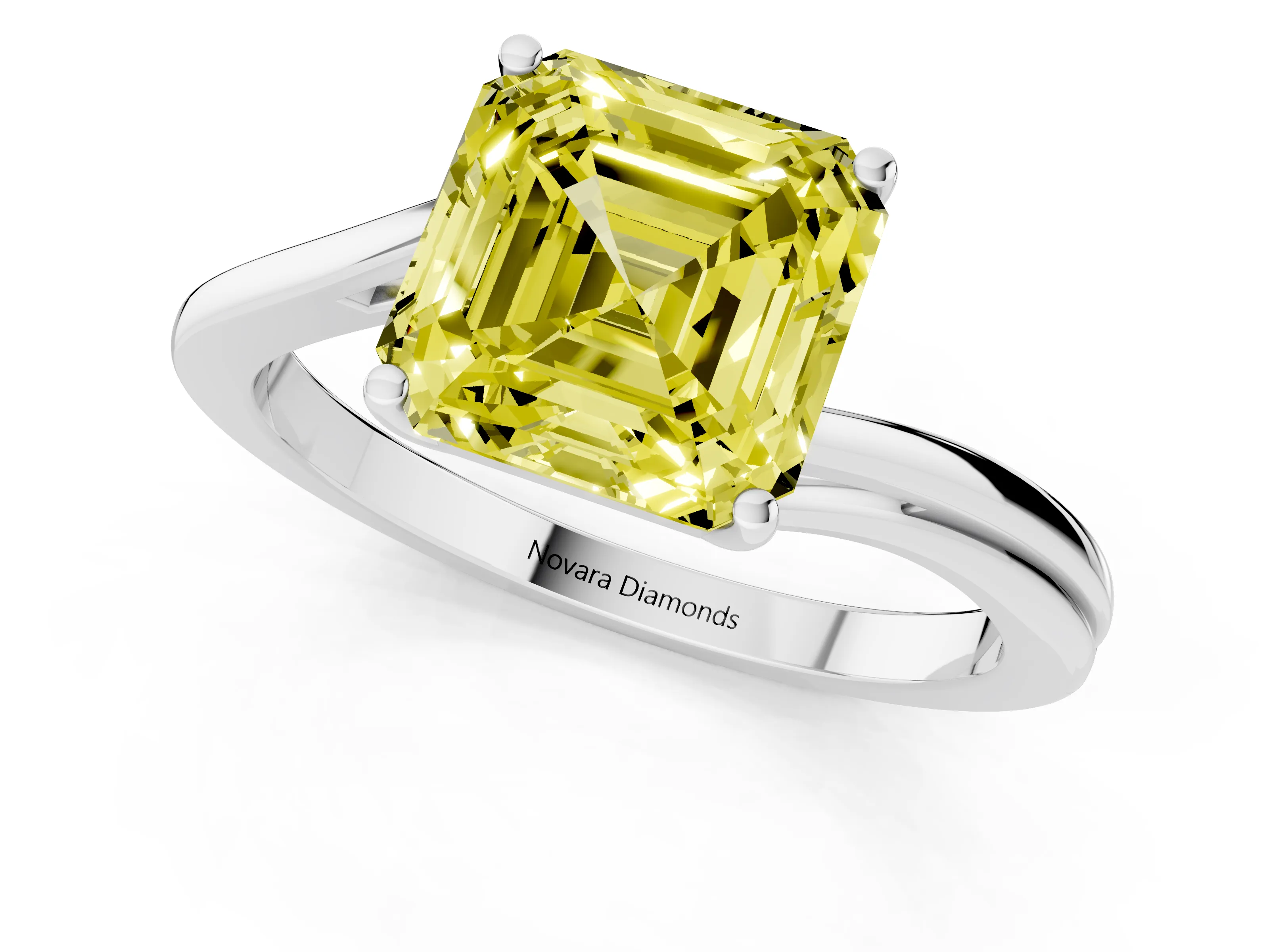 Fancy Yellow Asscher Cut Diamond Solitaire Twist Band Ring Set in Platinum with Prong Setting