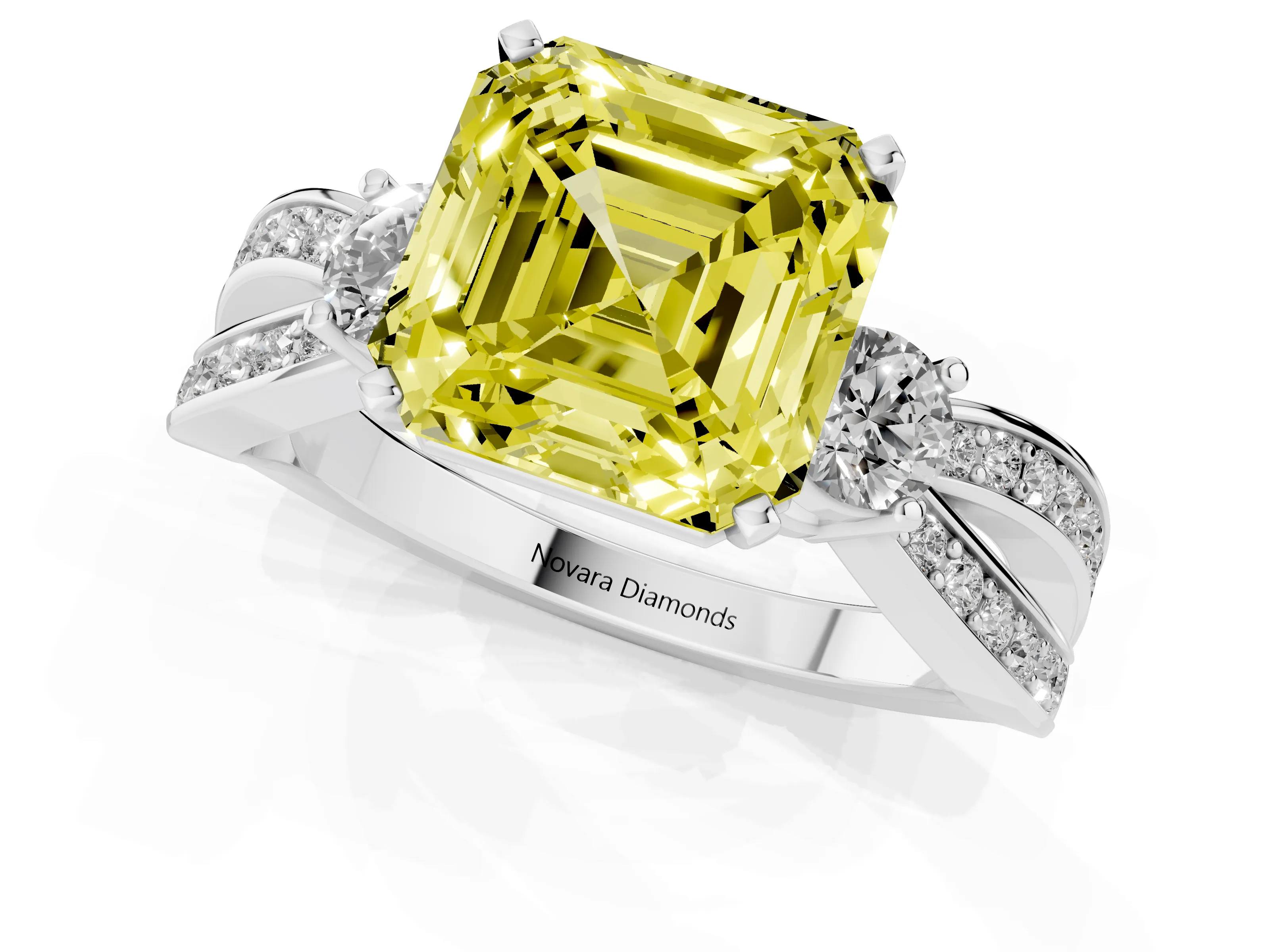 Fancy Yellow Three-Stone Asscher Cut Diamond Twist Band Ring Set in Platinum with Pavé Accents and Prong Setting