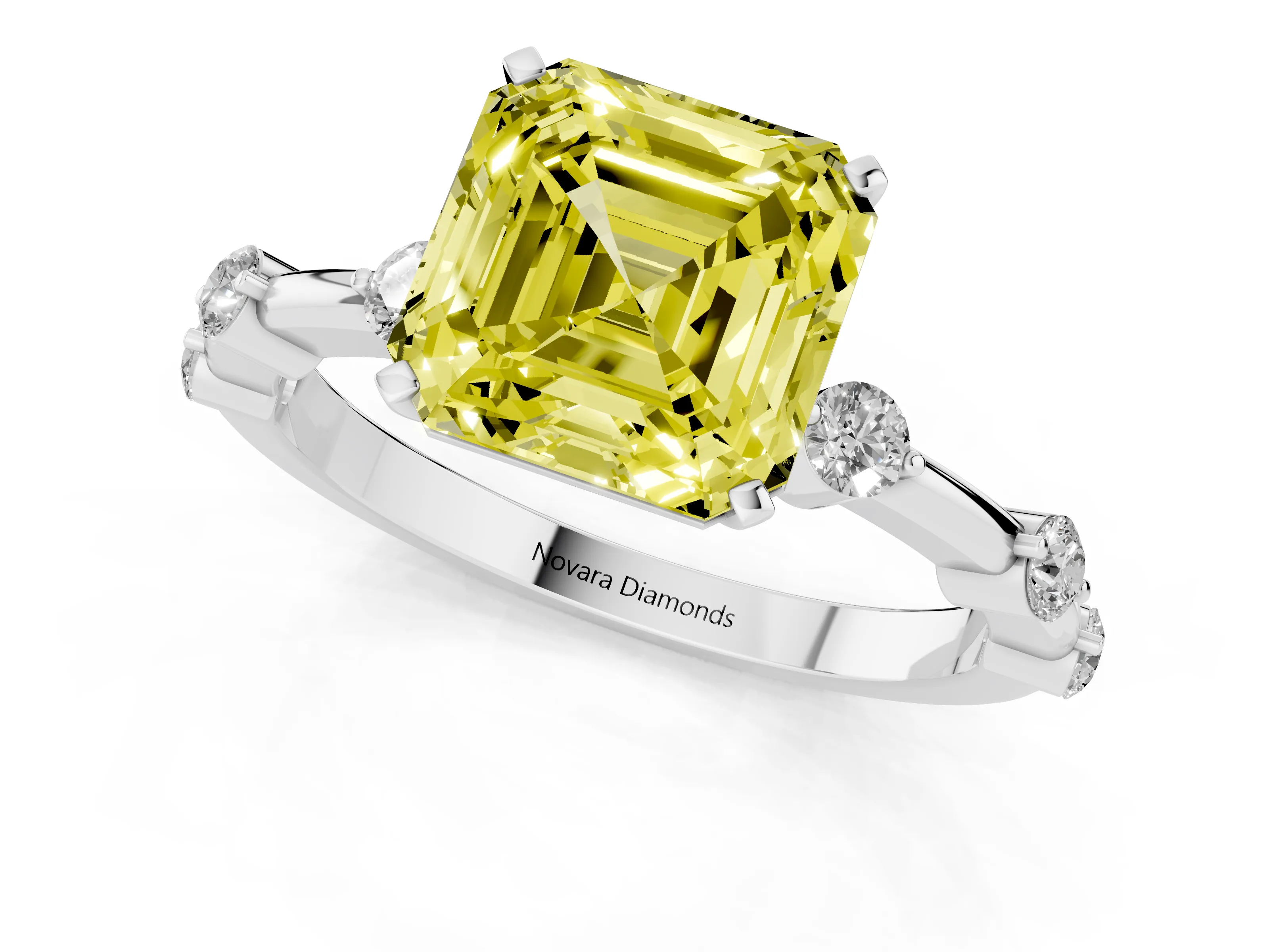 Fancy Yellow Asscher Cut Diamond Solitaire Ring Set in Silver with Bezel Set Side Stones and Prong Setting