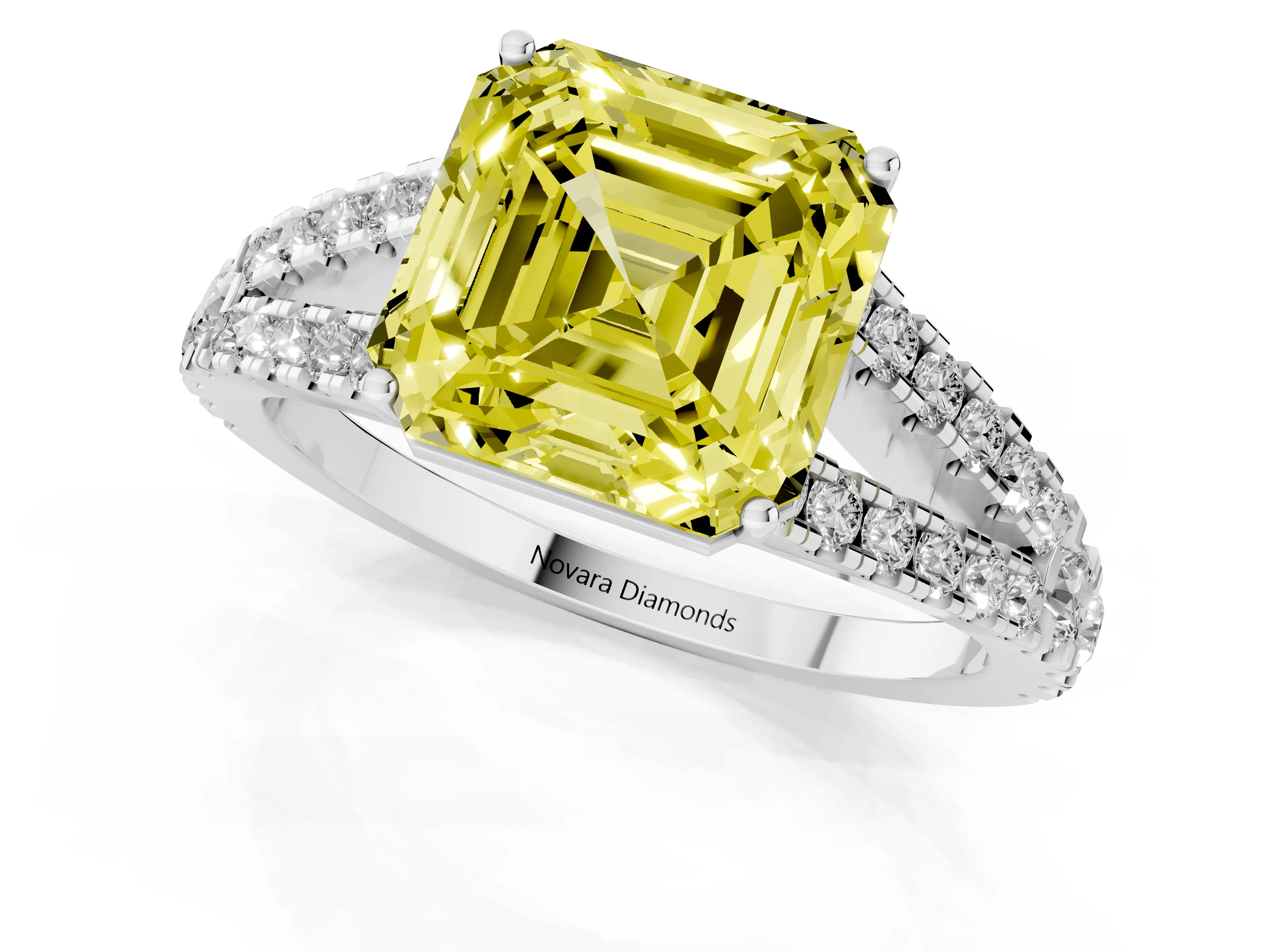 Fancy Yellow Asscher Cut Diamond Split Shank Engagement Ring Set in Silver with Round Pavé and Prong Setting – second view