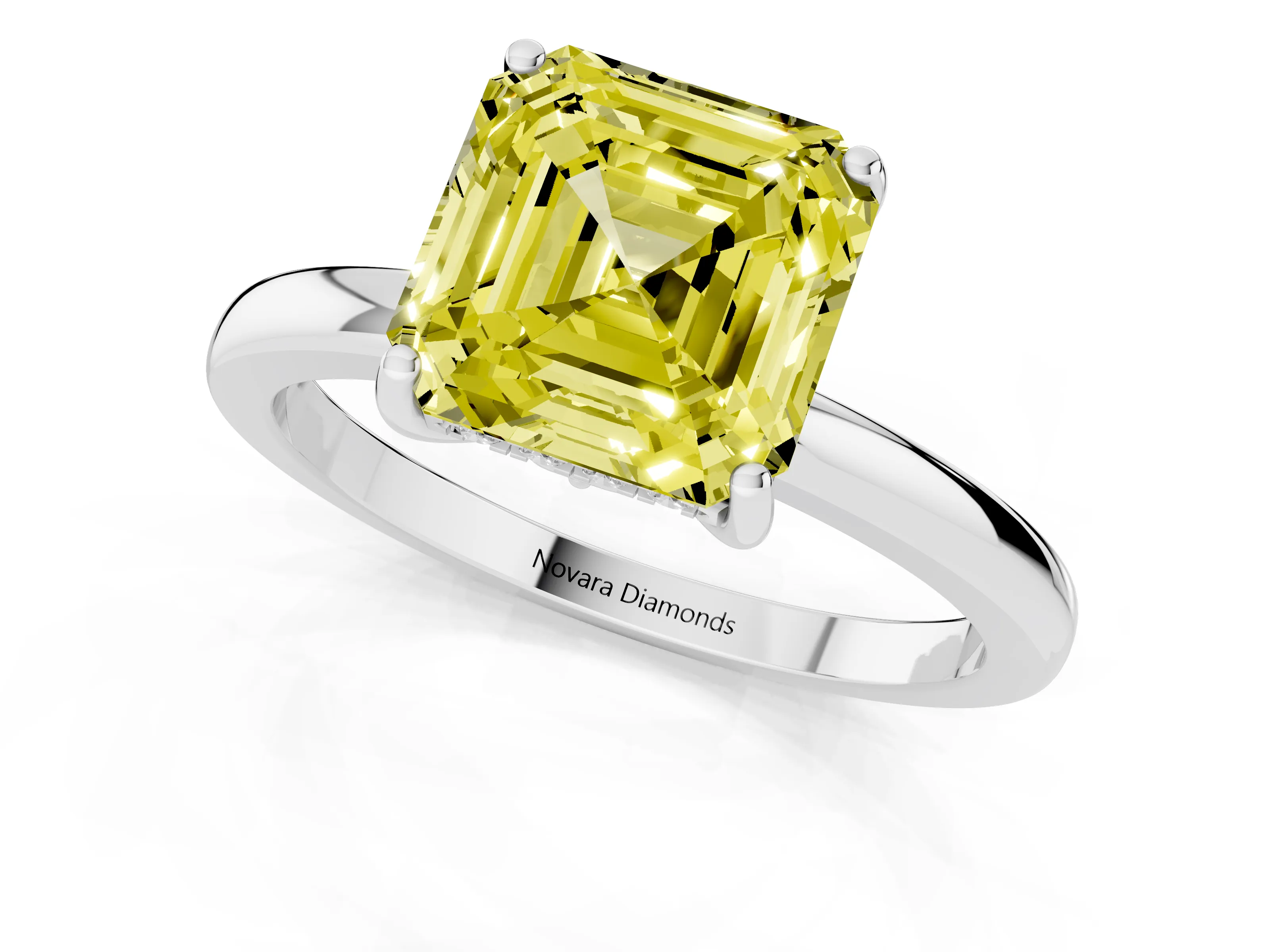 Fancy Yellow Asscher Cut Diamond Solitaire Ring Set in Platinum with Plain Band and Prong Setting