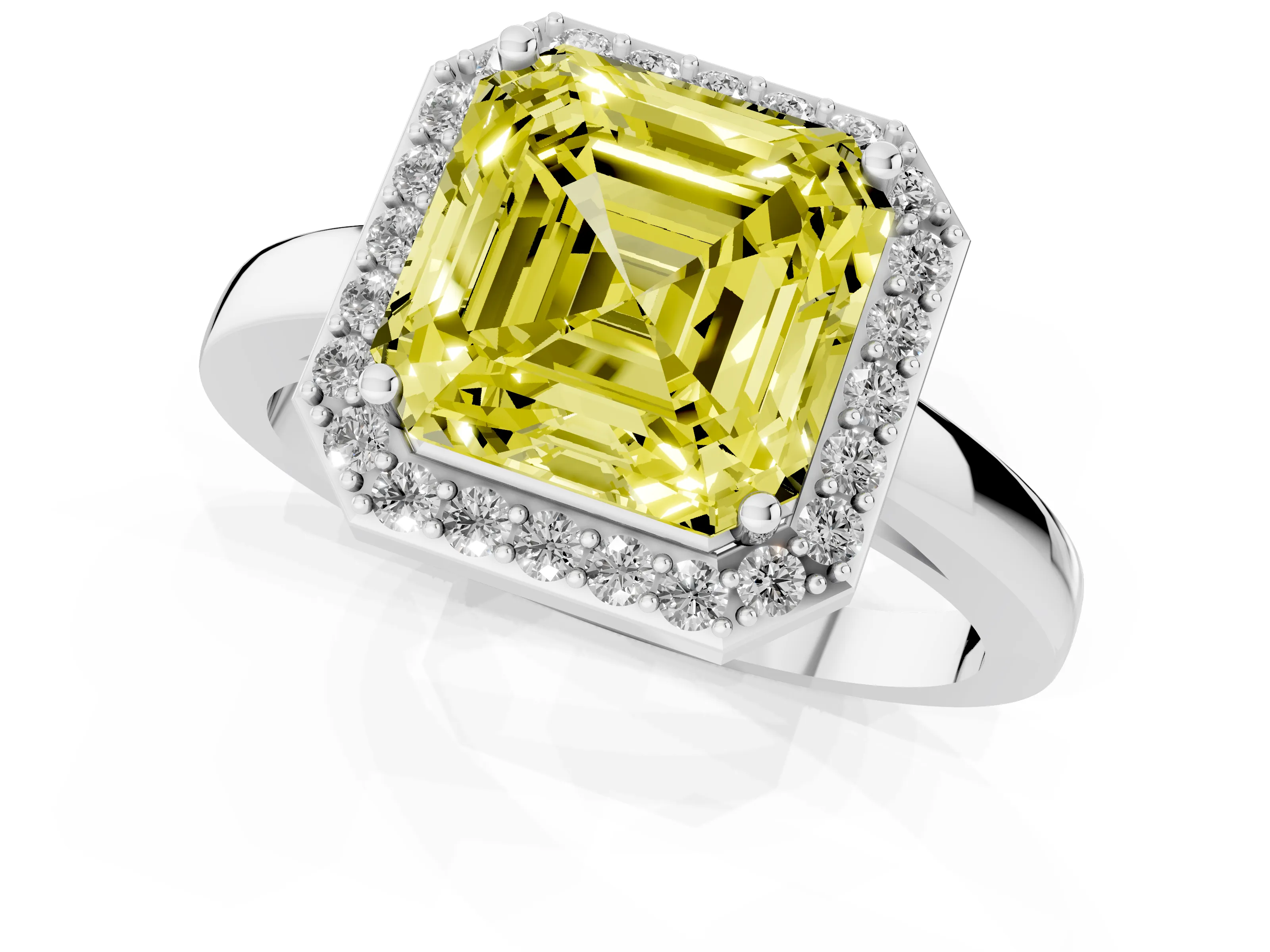 Fancy Yellow Asscher Cut Diamond Halo Ring Set in White gold with Solitaire Band and Prong Setting
