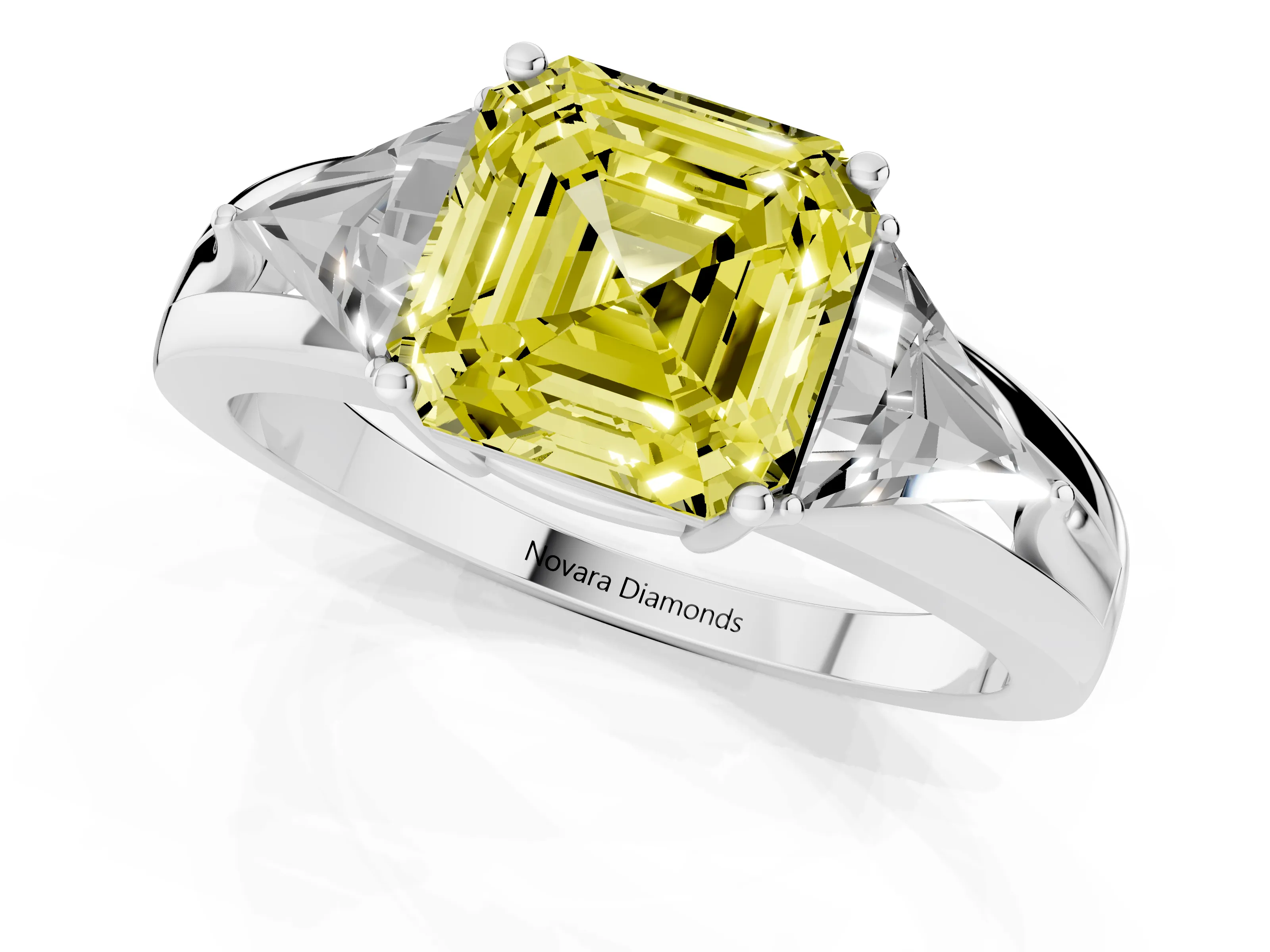 Fancy Yellow Asscher Cut Diamond Three-Stone Ring Set in Platinum with Trillion Side Stones and Split Shank